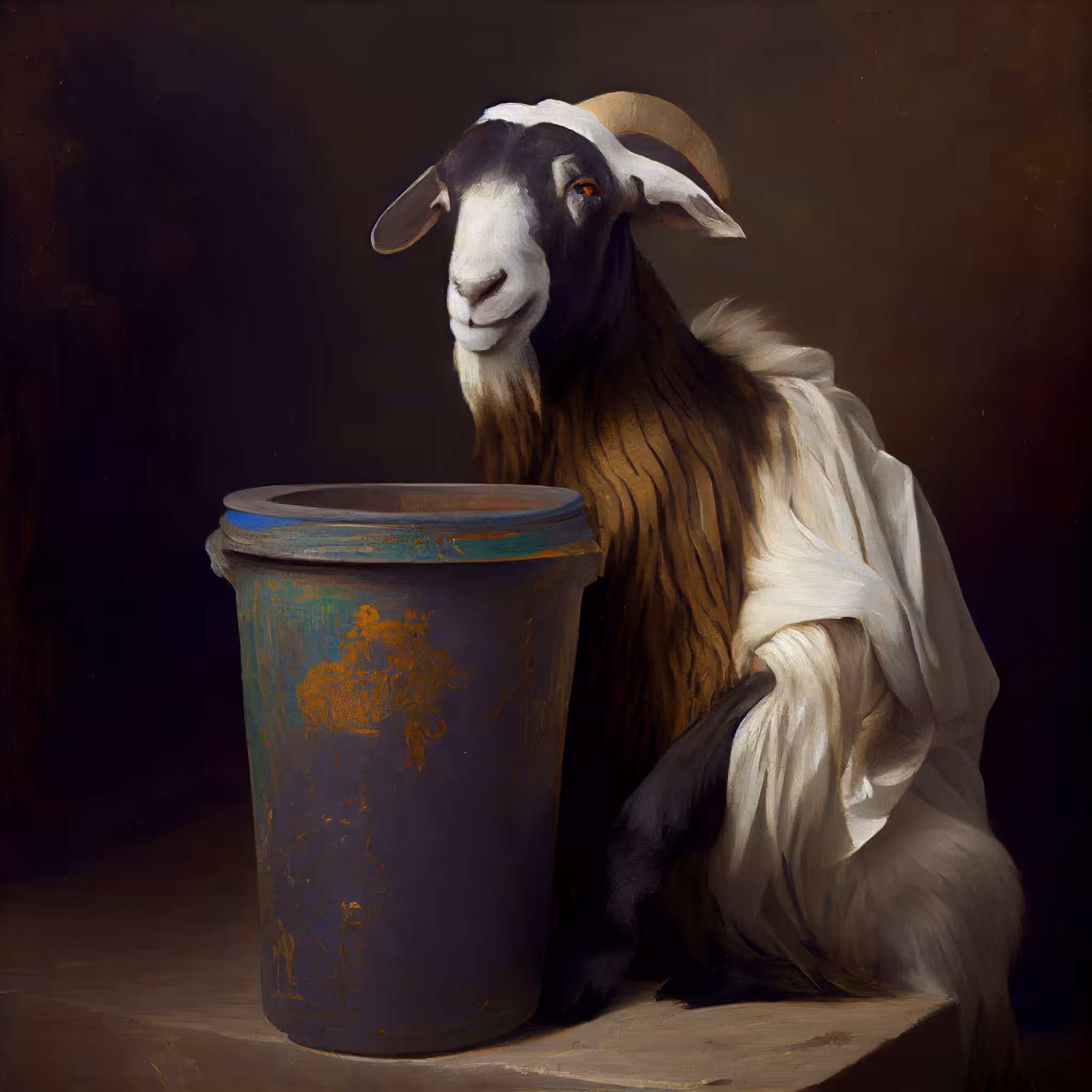 Still life of a goat draped in a sheet and a toter