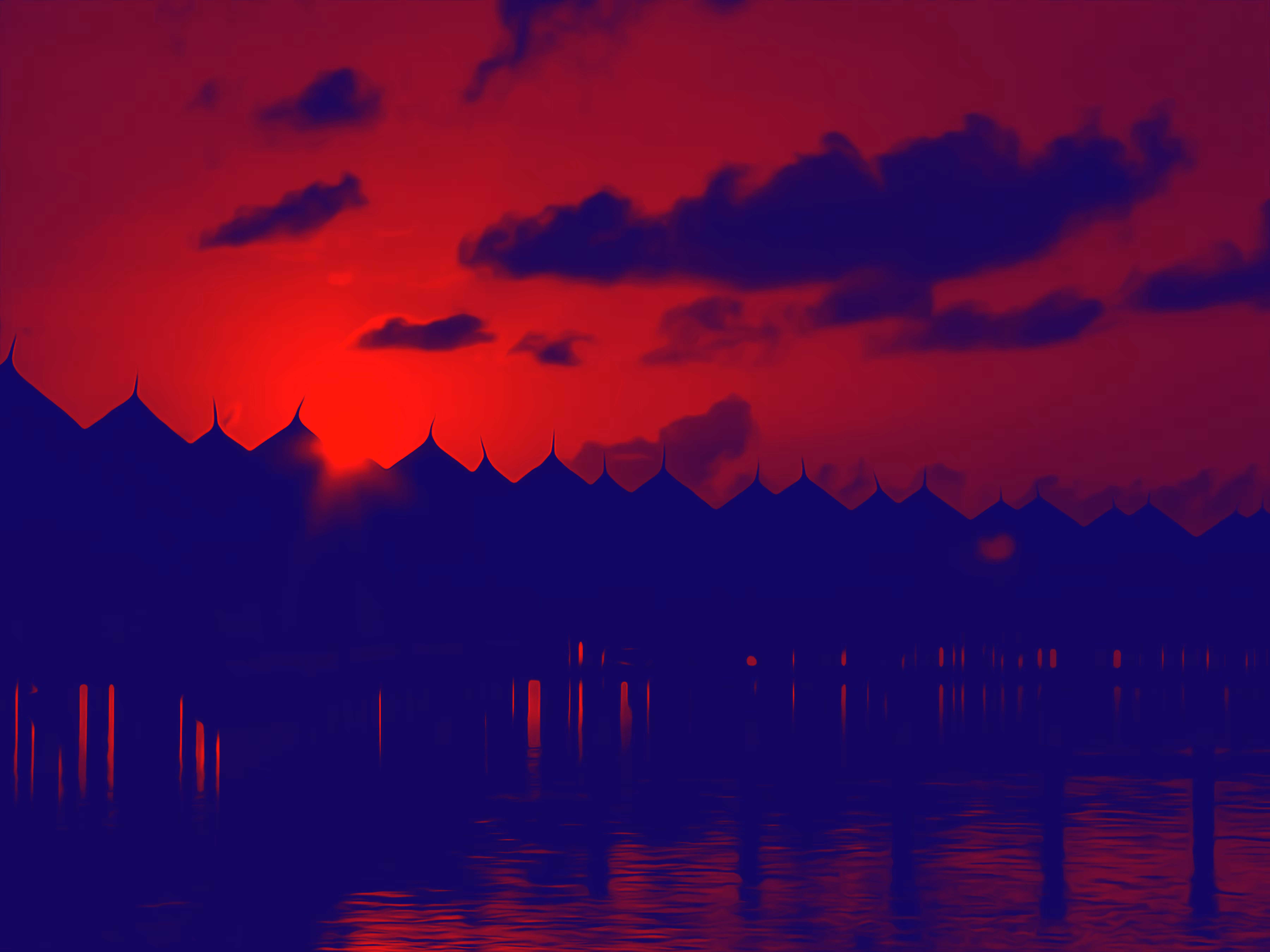 Red of the Resort Sunset as Bungalows Blend into the Ocean