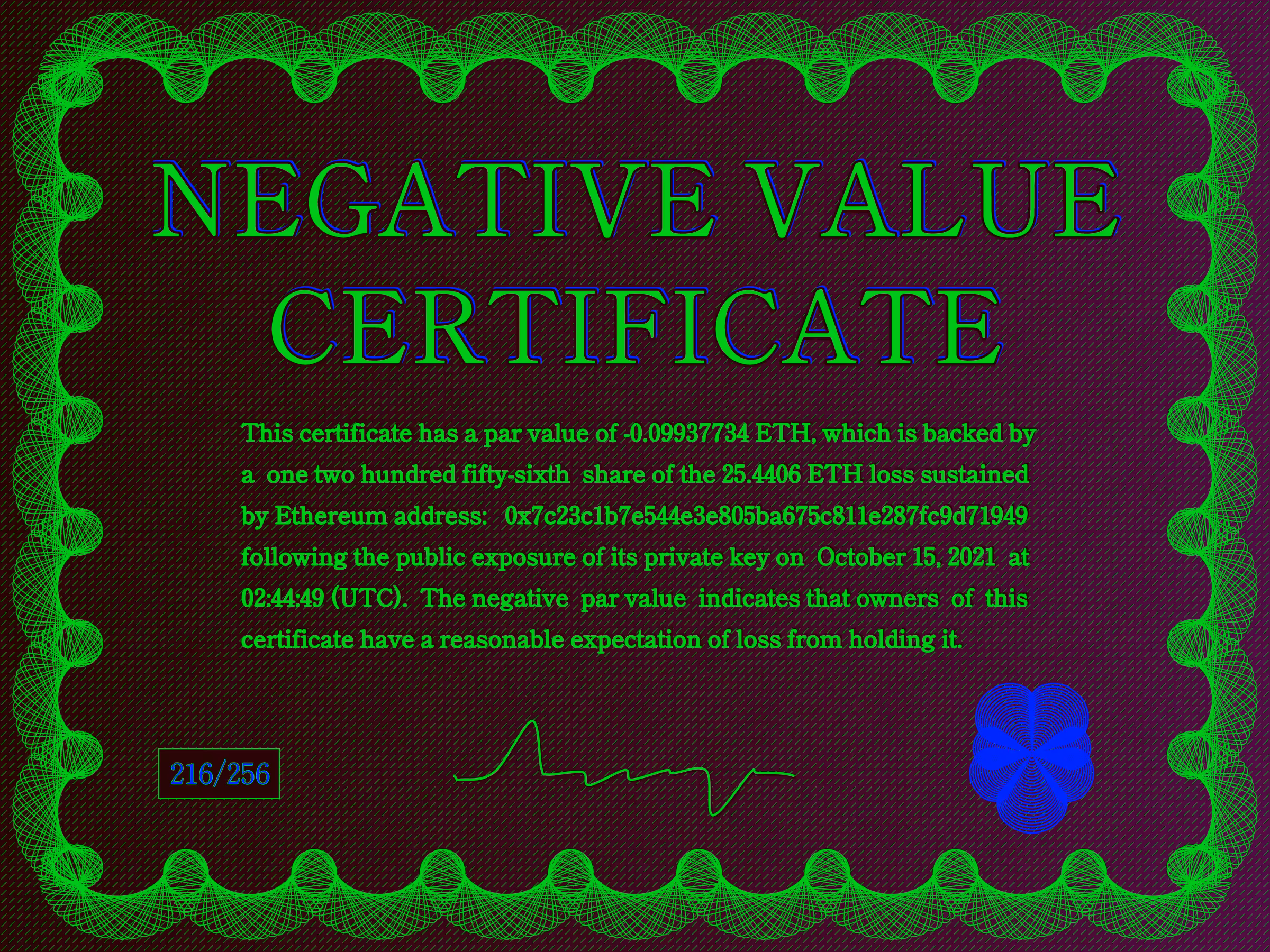 Negative Value Certificate #216 of 256