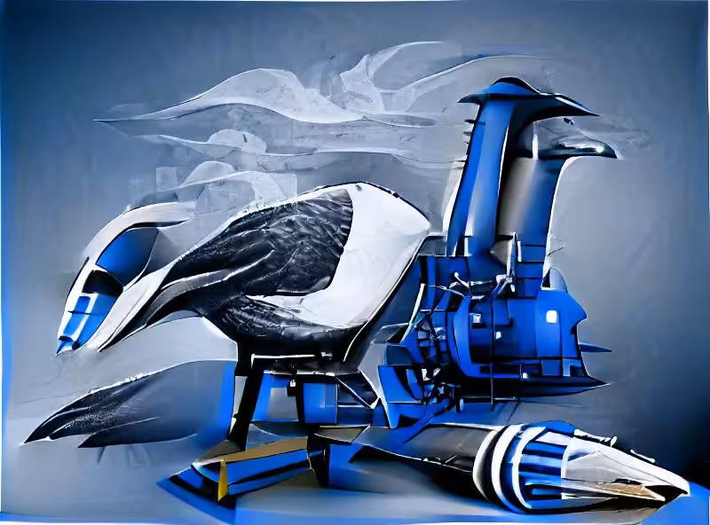 Abraham's First Works: black pelican, industrial design style, blue and white