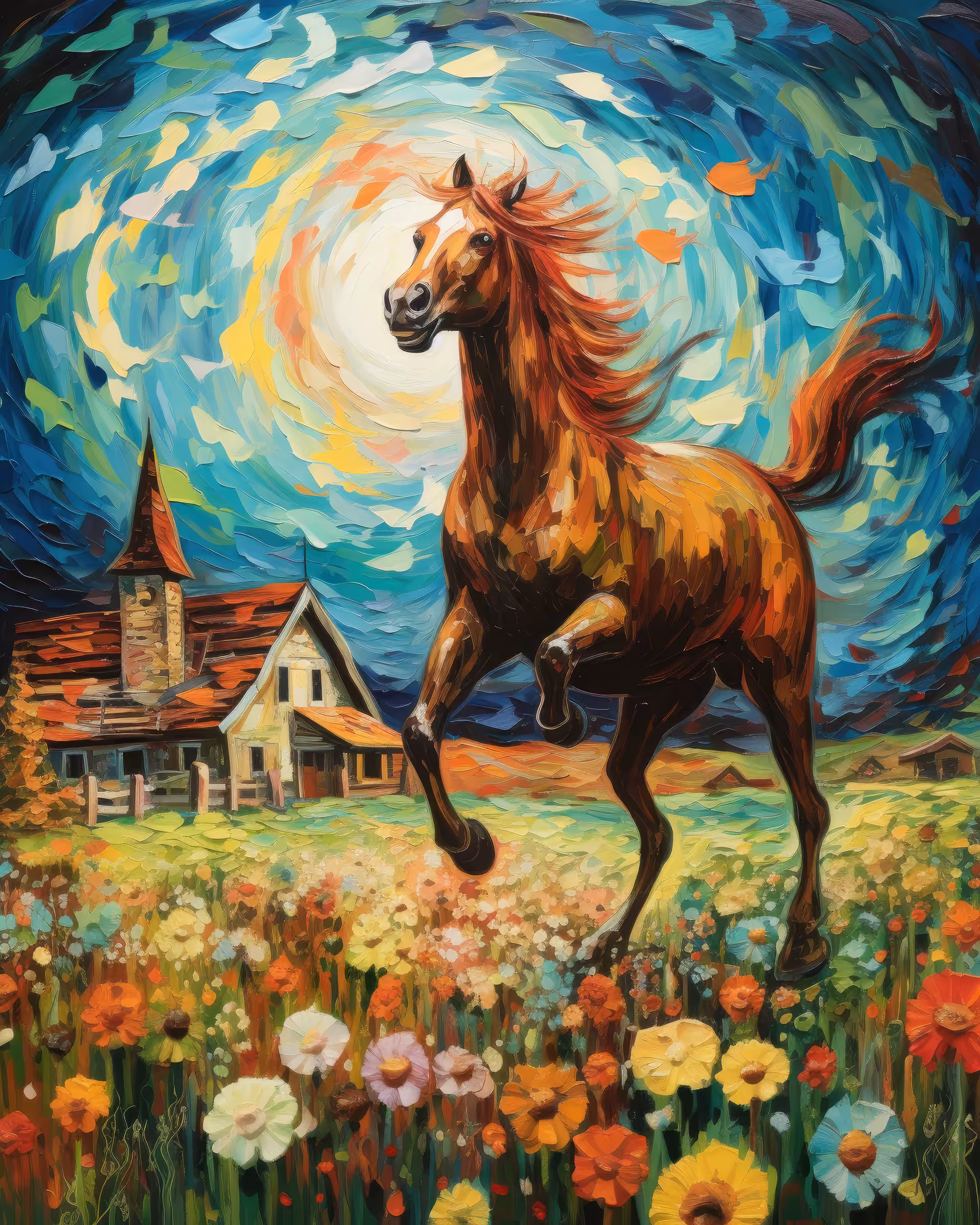 Rearing Horse Amongst Flowers