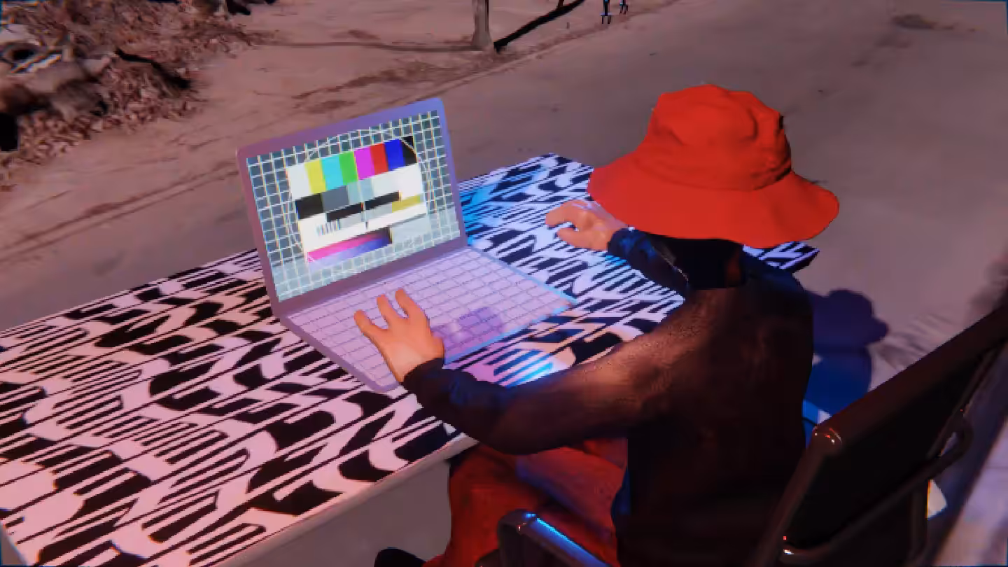Desktop #244: The Hypebeast in the Black Slim Chair With a Drone and a Please Stand By Monitor on a Pattern Table in Conflict