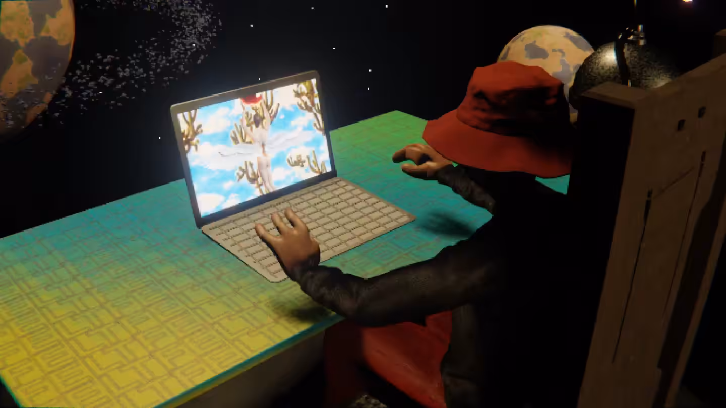 Desktop #326: The Hypebeast in the Electric Chair With a Hanging Light and a Gardens Monitor on a Green FELT Zine Table in Space