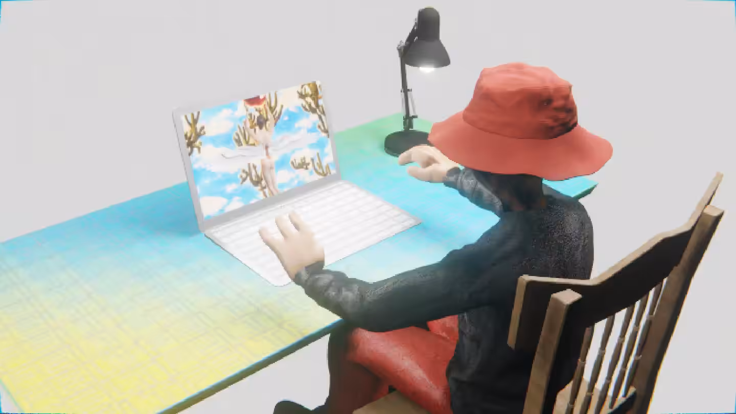 Desktop by Felt Zine: Desktop #21: The Hypebeast in the French Wood Chair With a Desk Lamp and a Gardens Monitor on a Green FELT Zine Table in The Void
