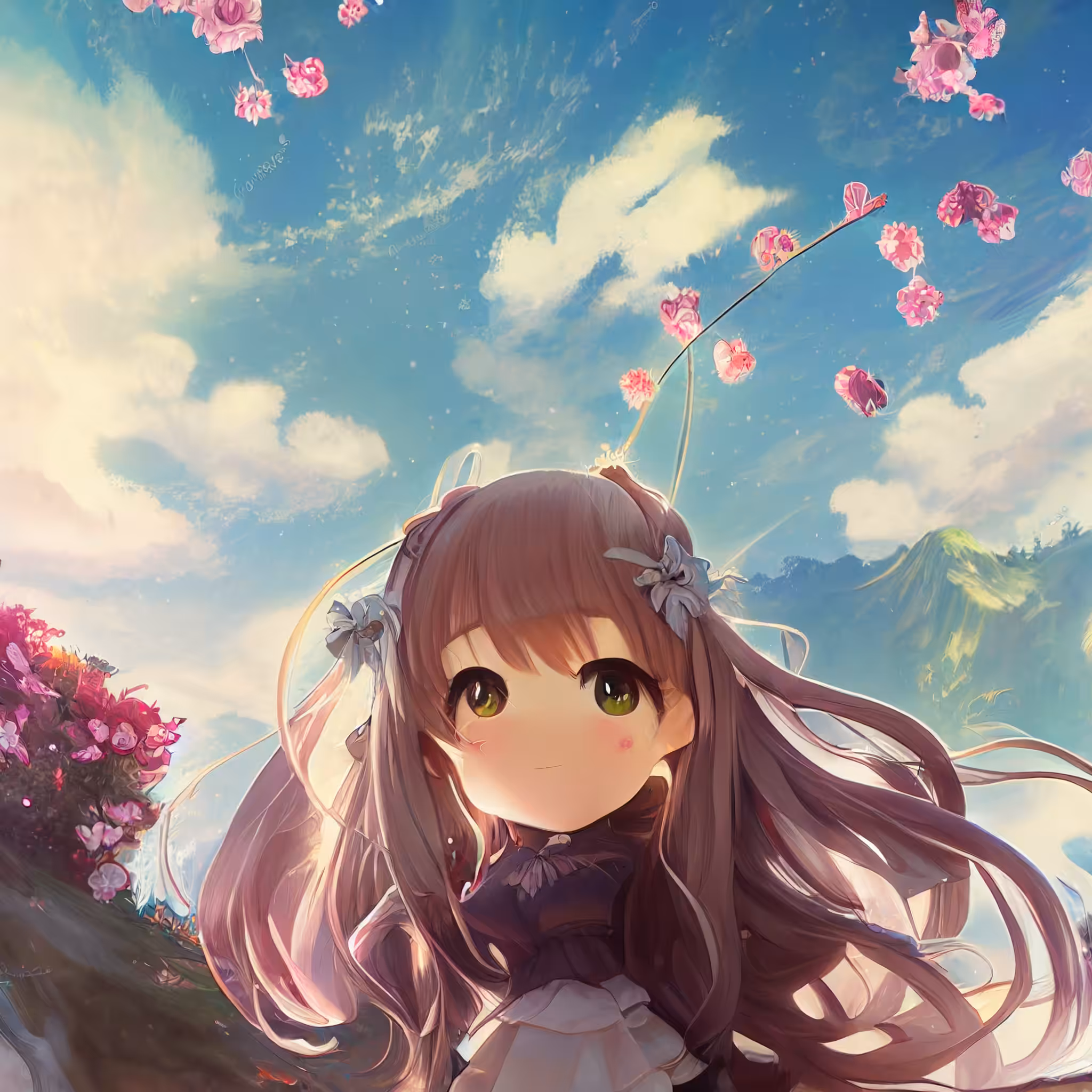 Cute anime girl, blooming peach tree