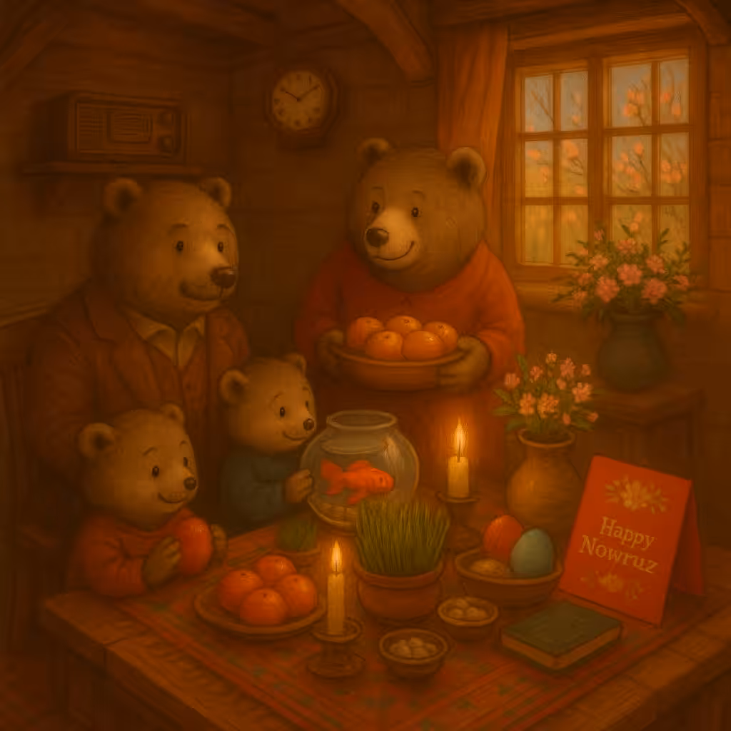 Bear Family Celebrating Nowruz by the Haft-Seen