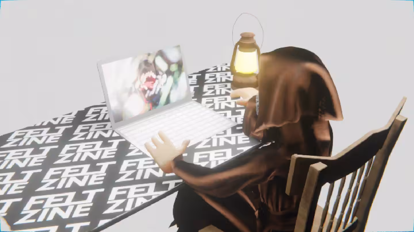 Desktop #255: The Guru in the French Wood Chair With a Gas Lamp and a Algo Lite Macbook on a Felt Zine Table in The Void