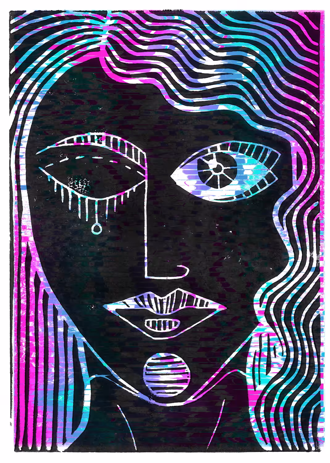 Lady Blank Stare 01 (hand cut lino print with digital glitch art)