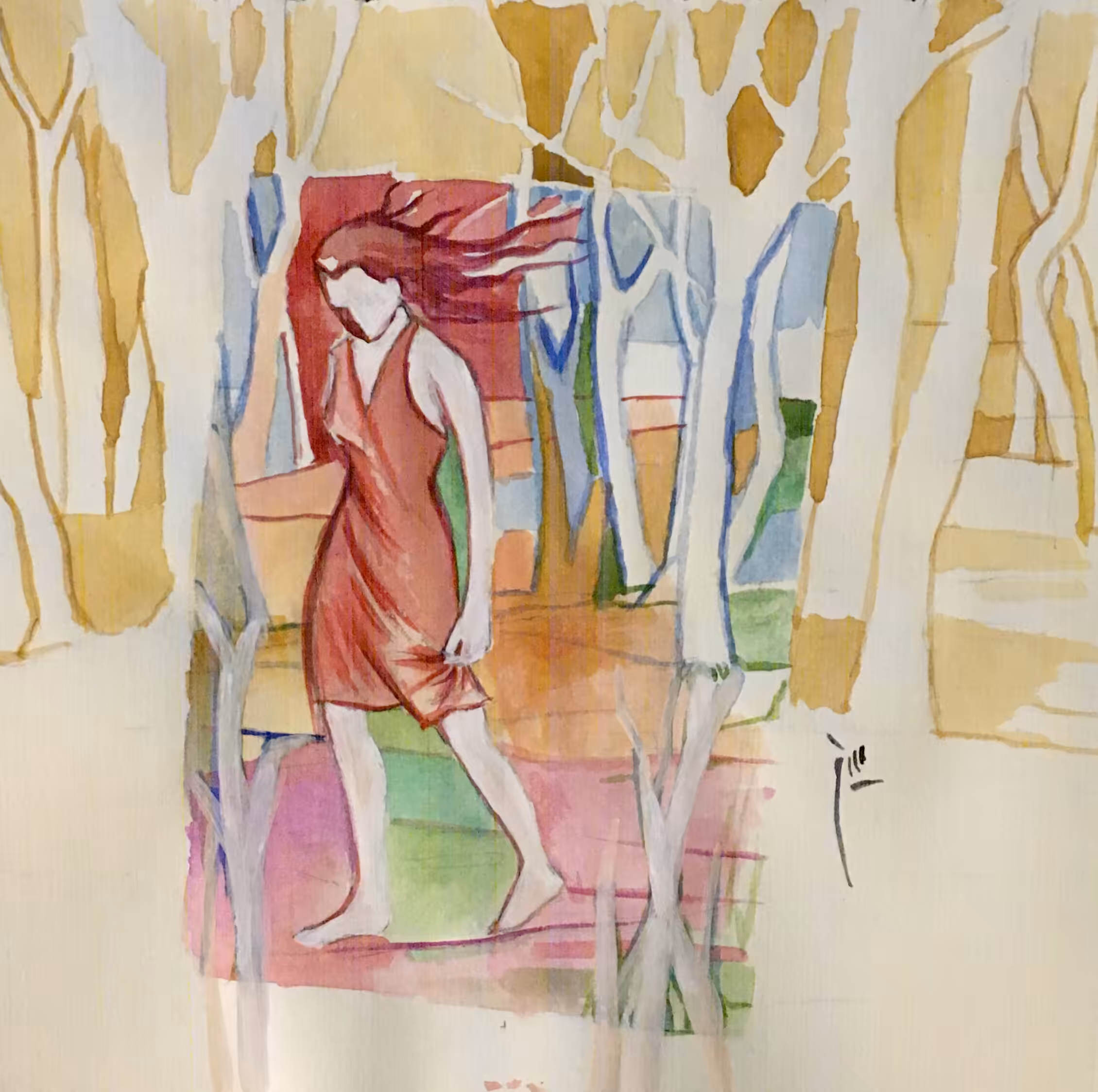 A woman in red alone in the forest