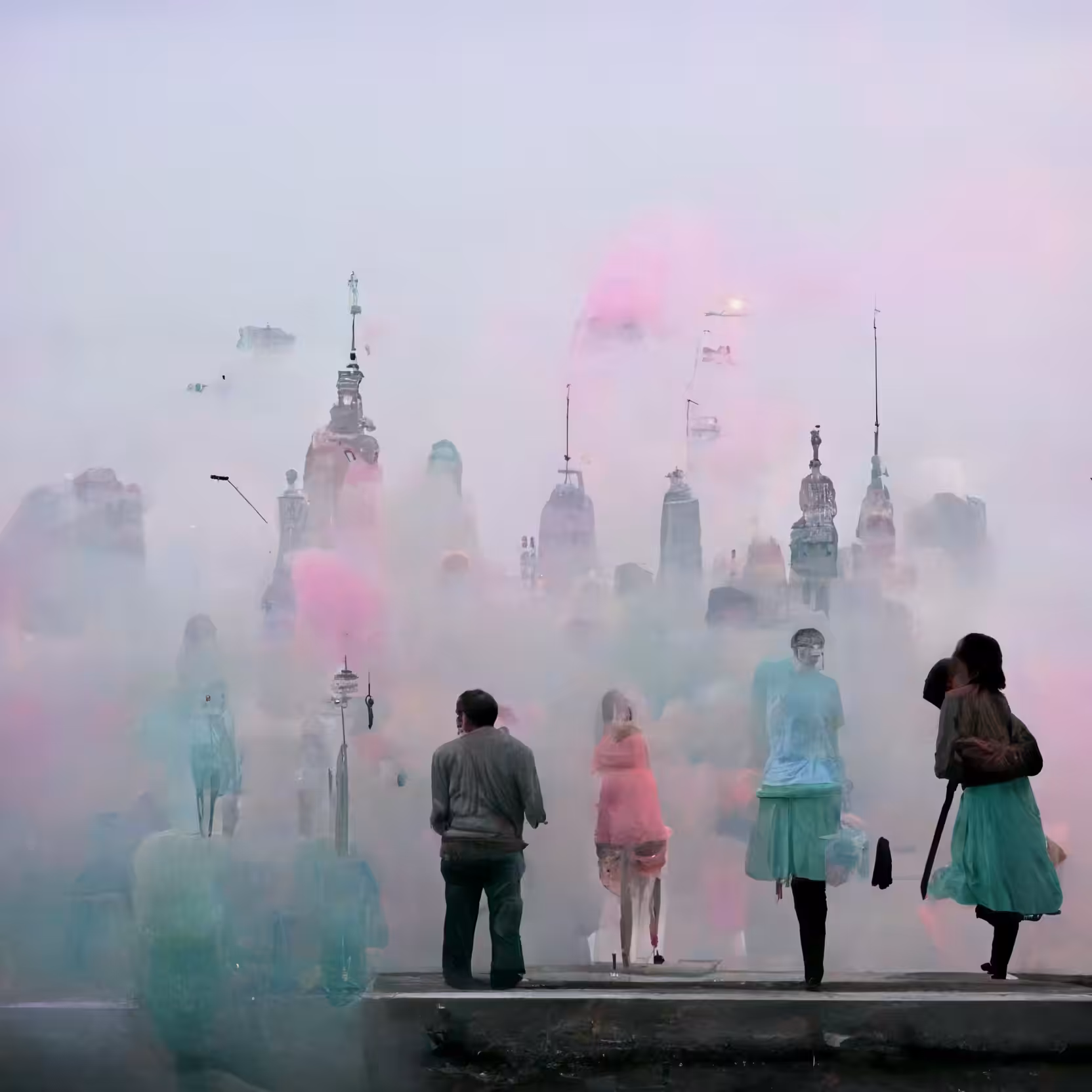 Pastel colored fog around the daydreaming adults