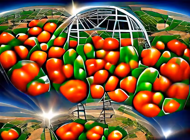 Abraham's First Works: The harvest of an acre of homegrown tomatoes reflects off giant parabolic mirrors, gathering sun energy to beam power around the earth.