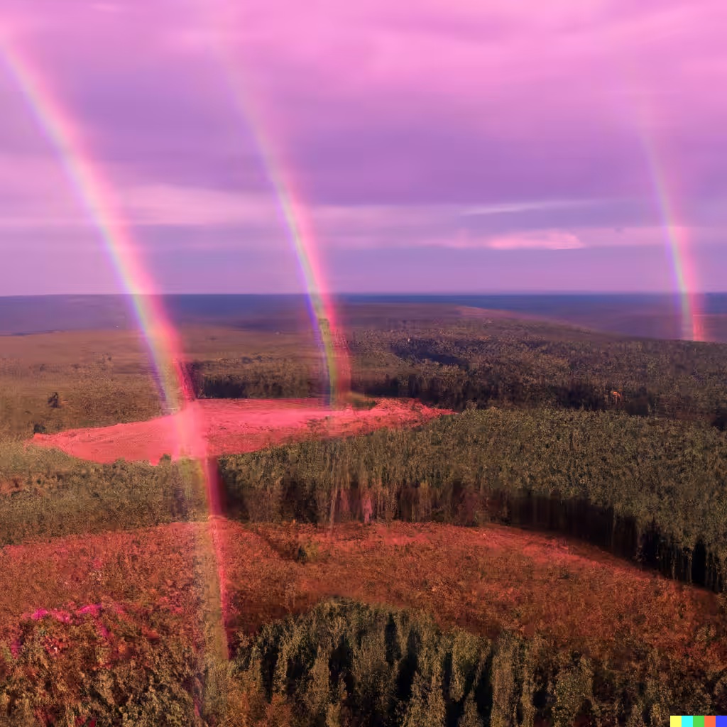 aerial view of 3 rainbows in a pink landscape
