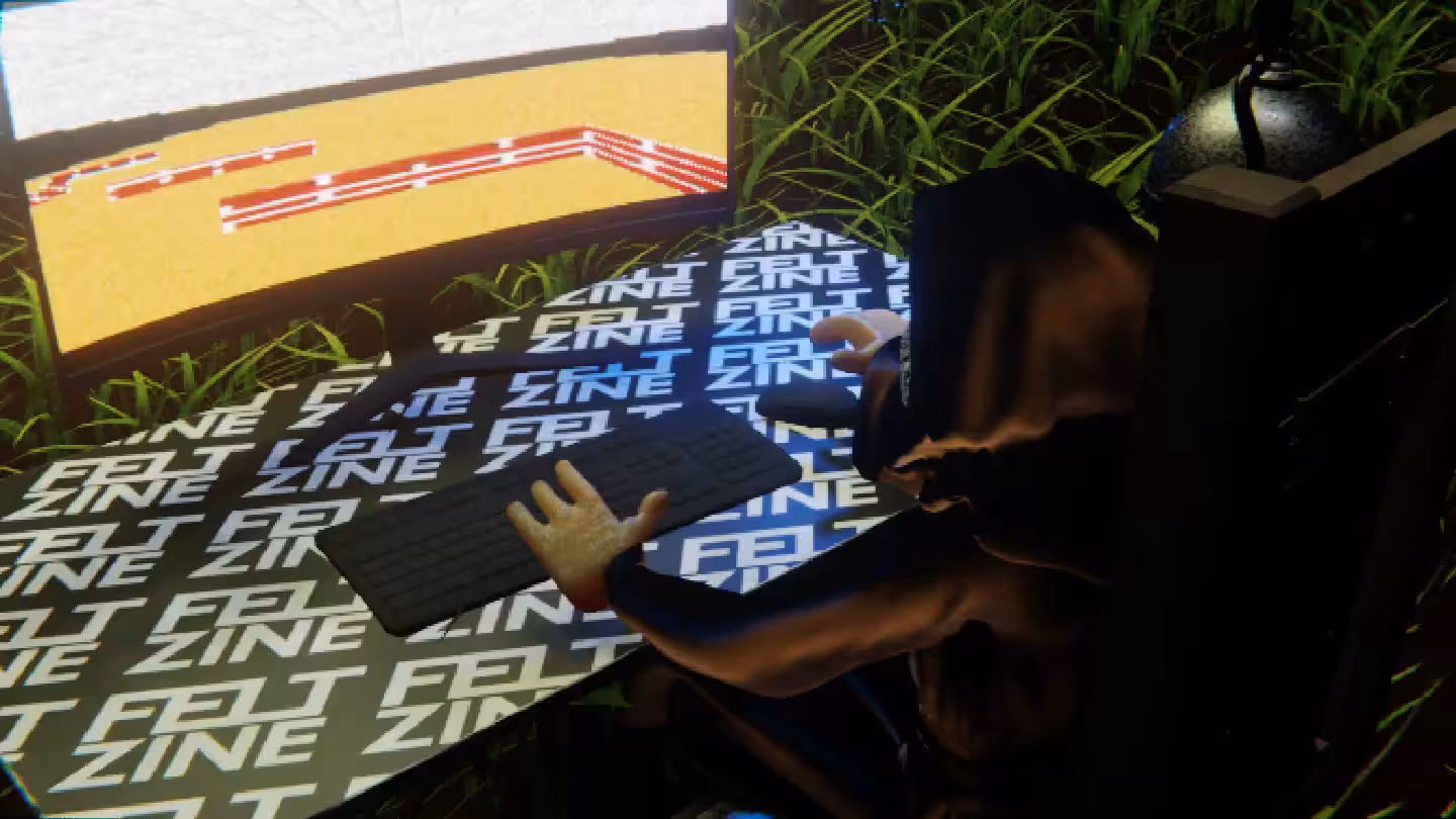 Desktop #24: The Guru in the Electric Chair With a Drone and a Maze Monitor on a Felt Zine Table in The Forest