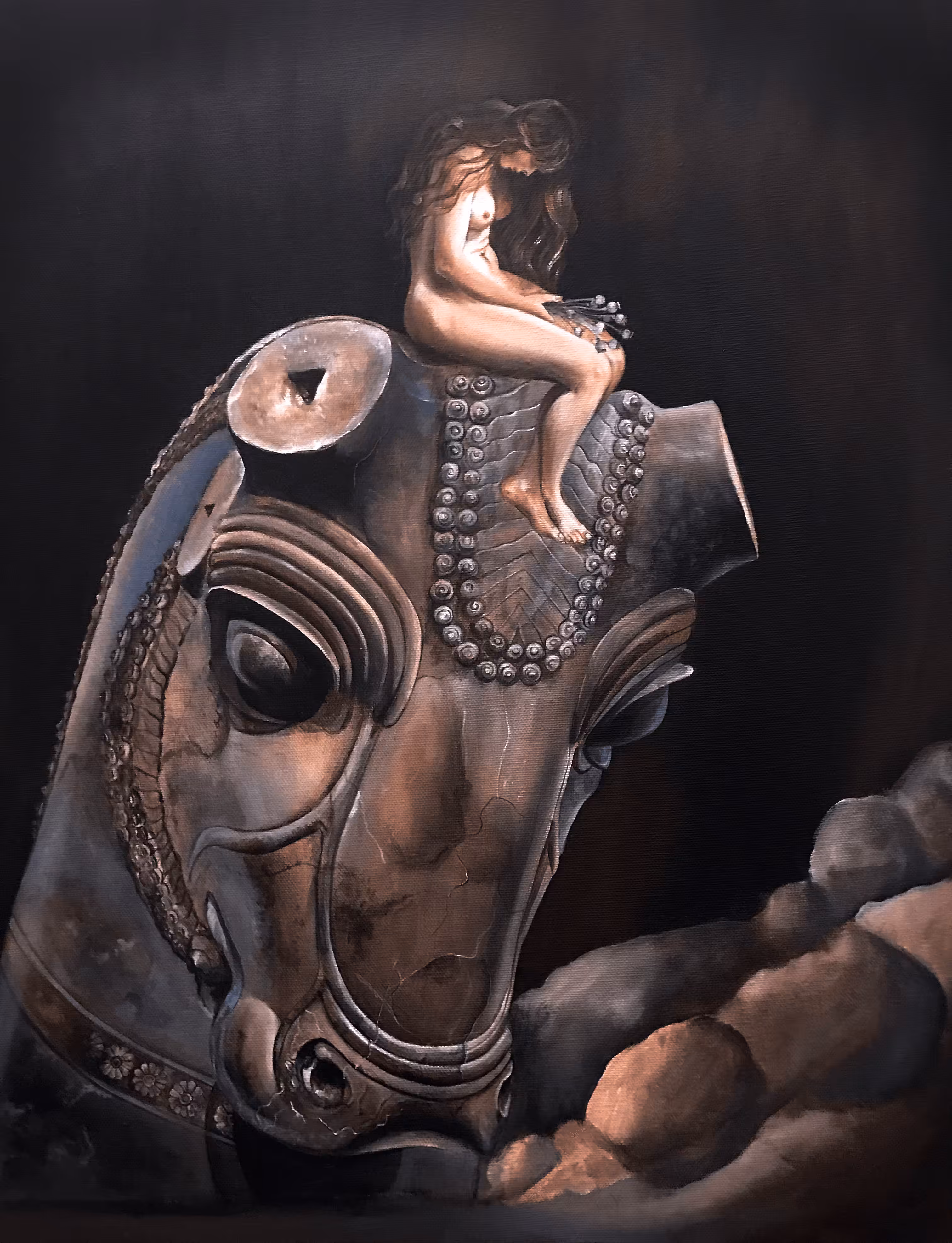 seated girl on the head gaurdian bull with poppy flowers