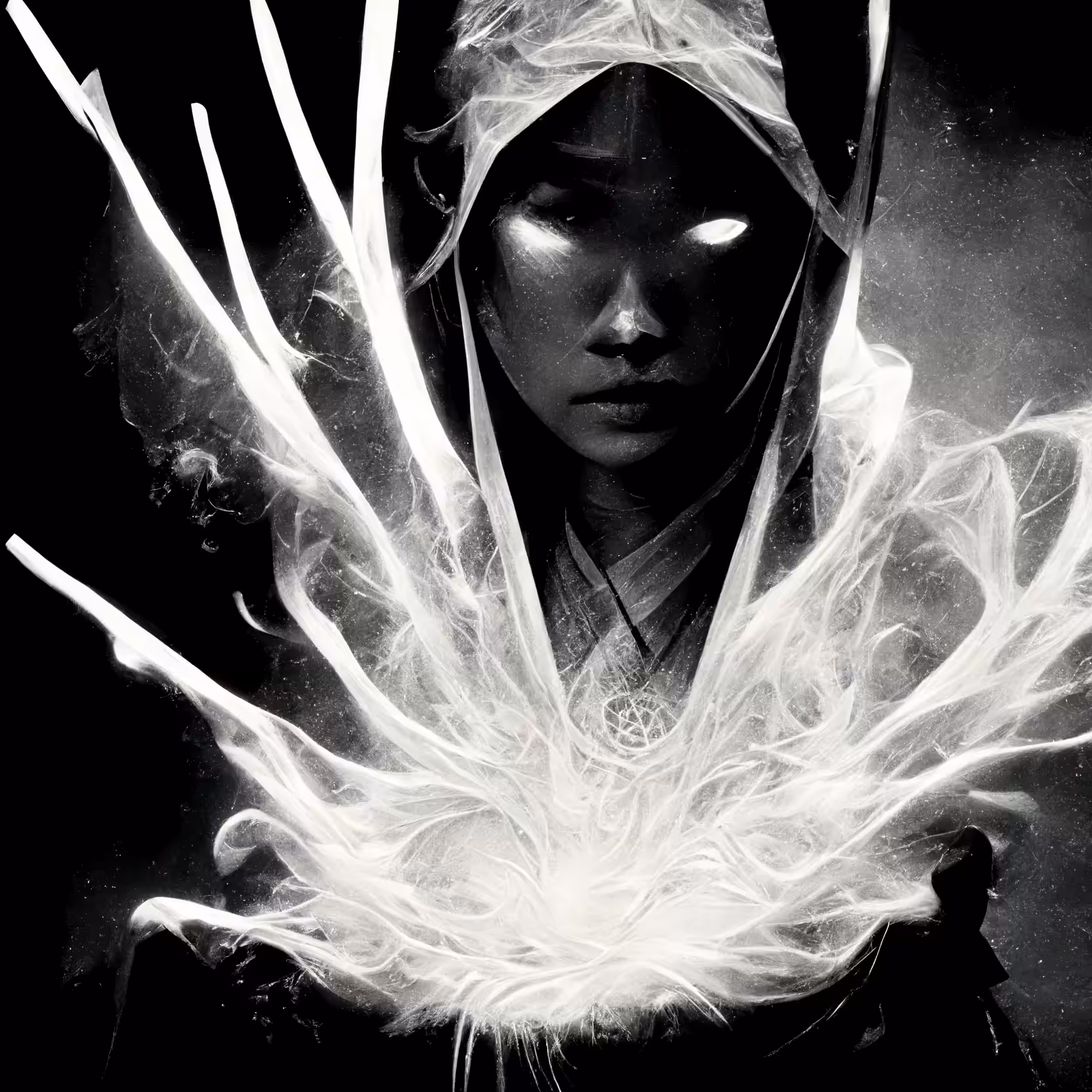 Mage Casting a Spell, black and white