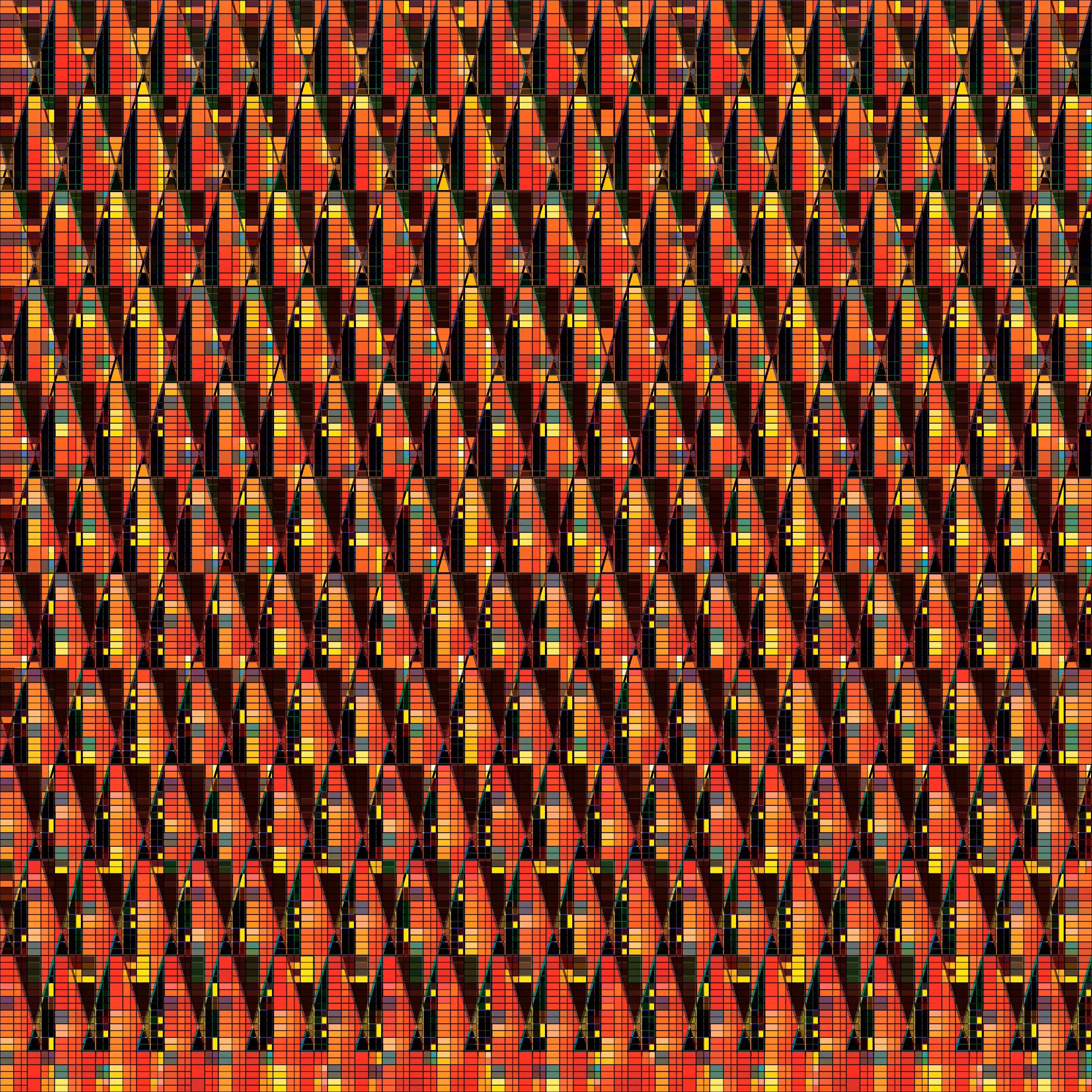 Block-Tile Grid Spiral X-Hatch X9A: Block Peaks: Yellow Pixel Drip