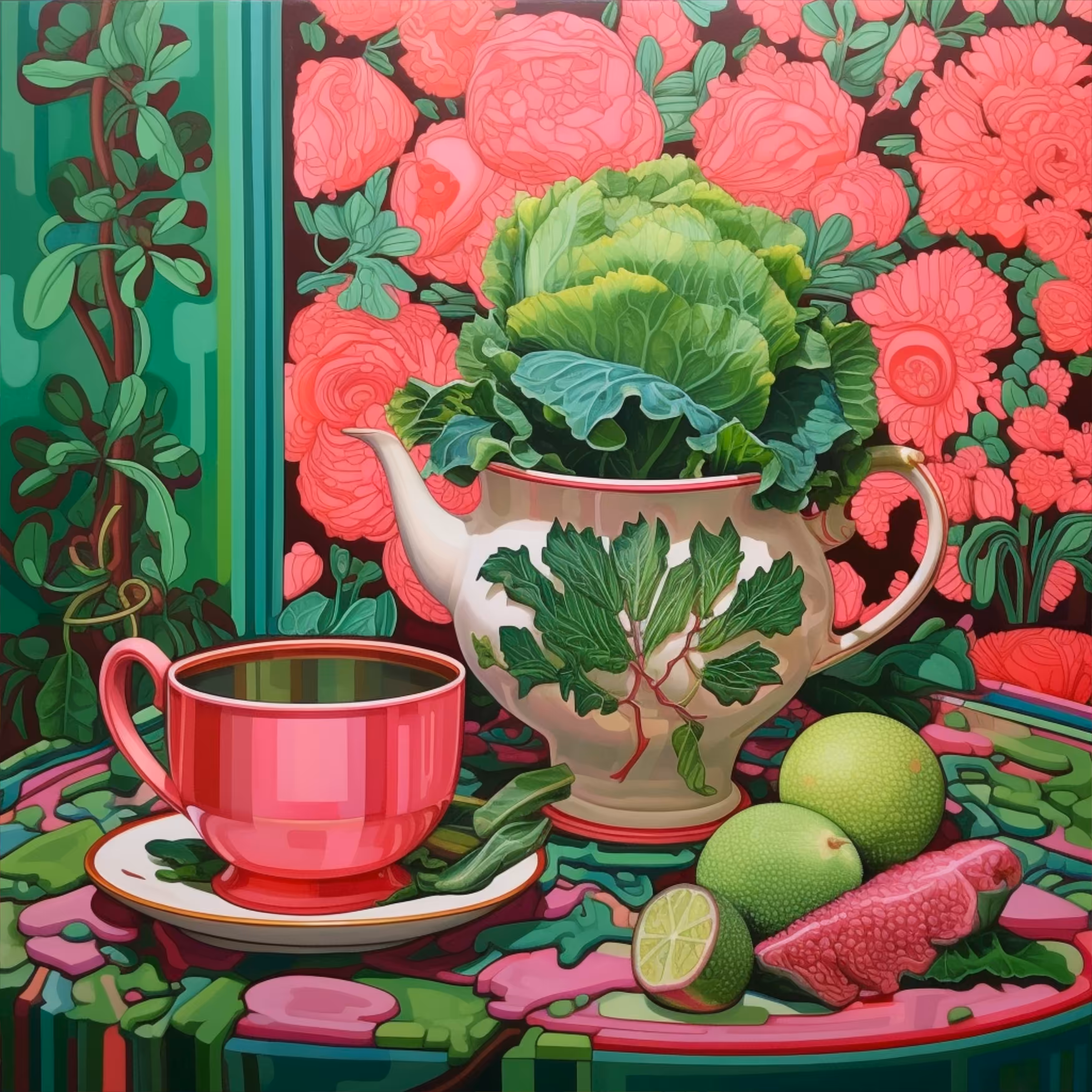 Pink cup. Green fruits