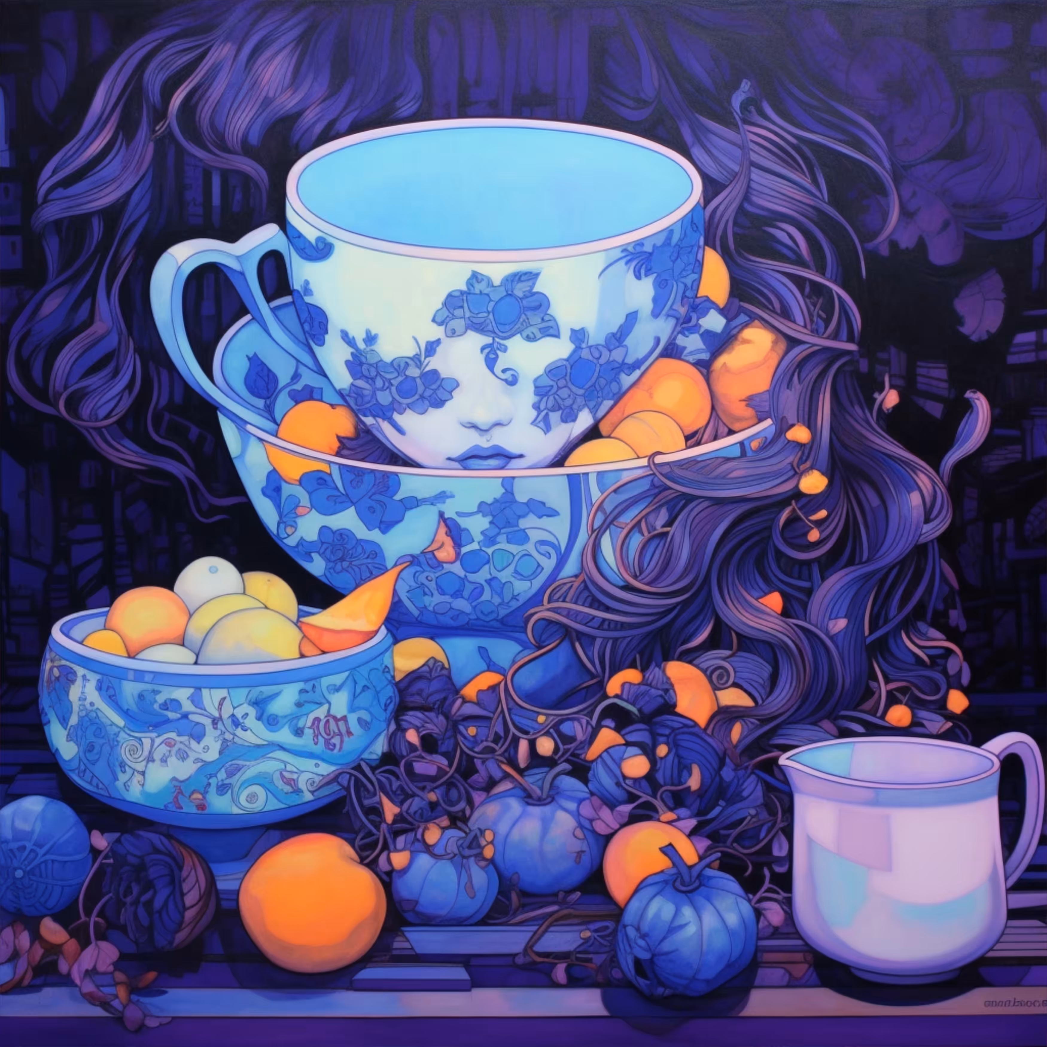 Purple wall. Blue lips cup