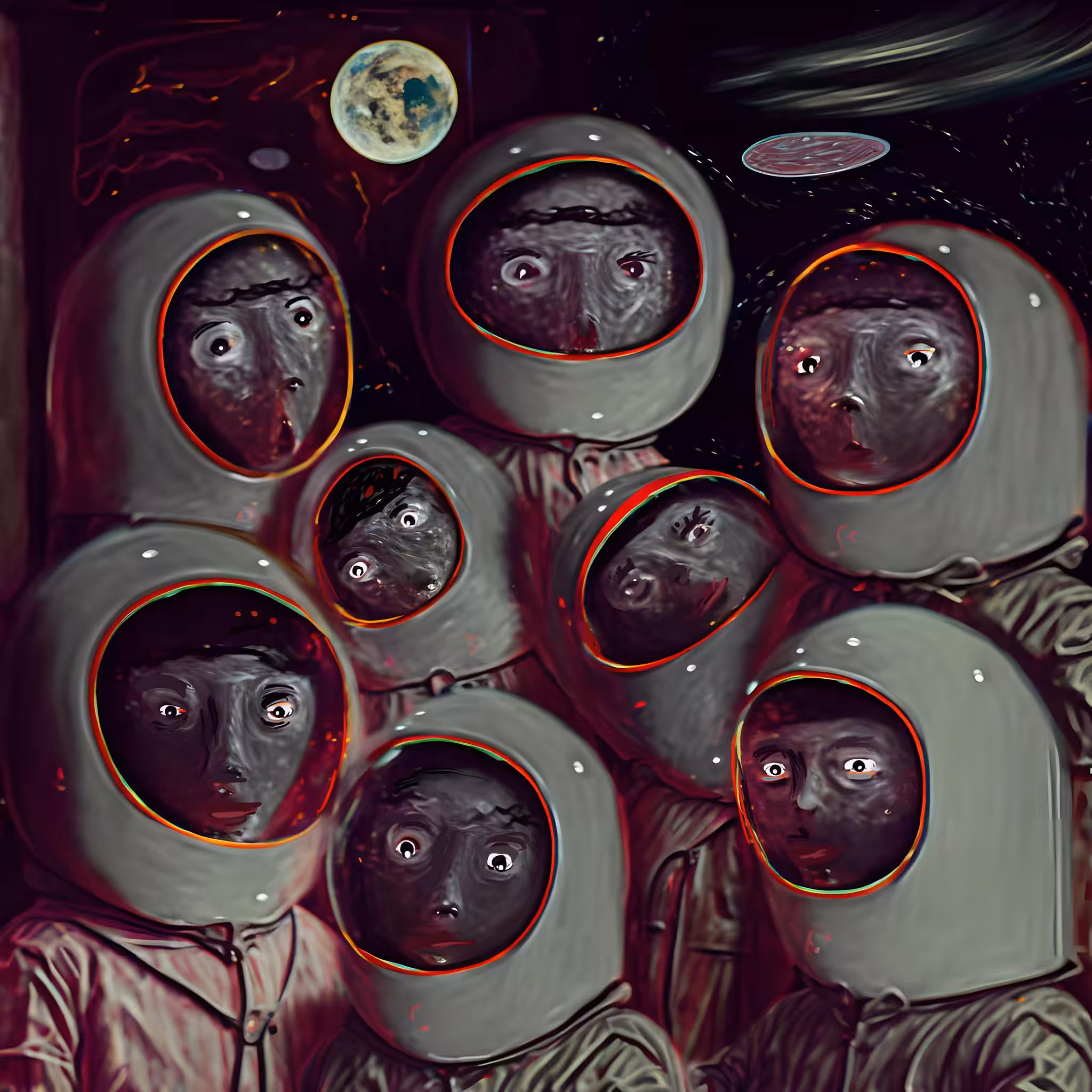8 female astronauts making photo before flight from Mars