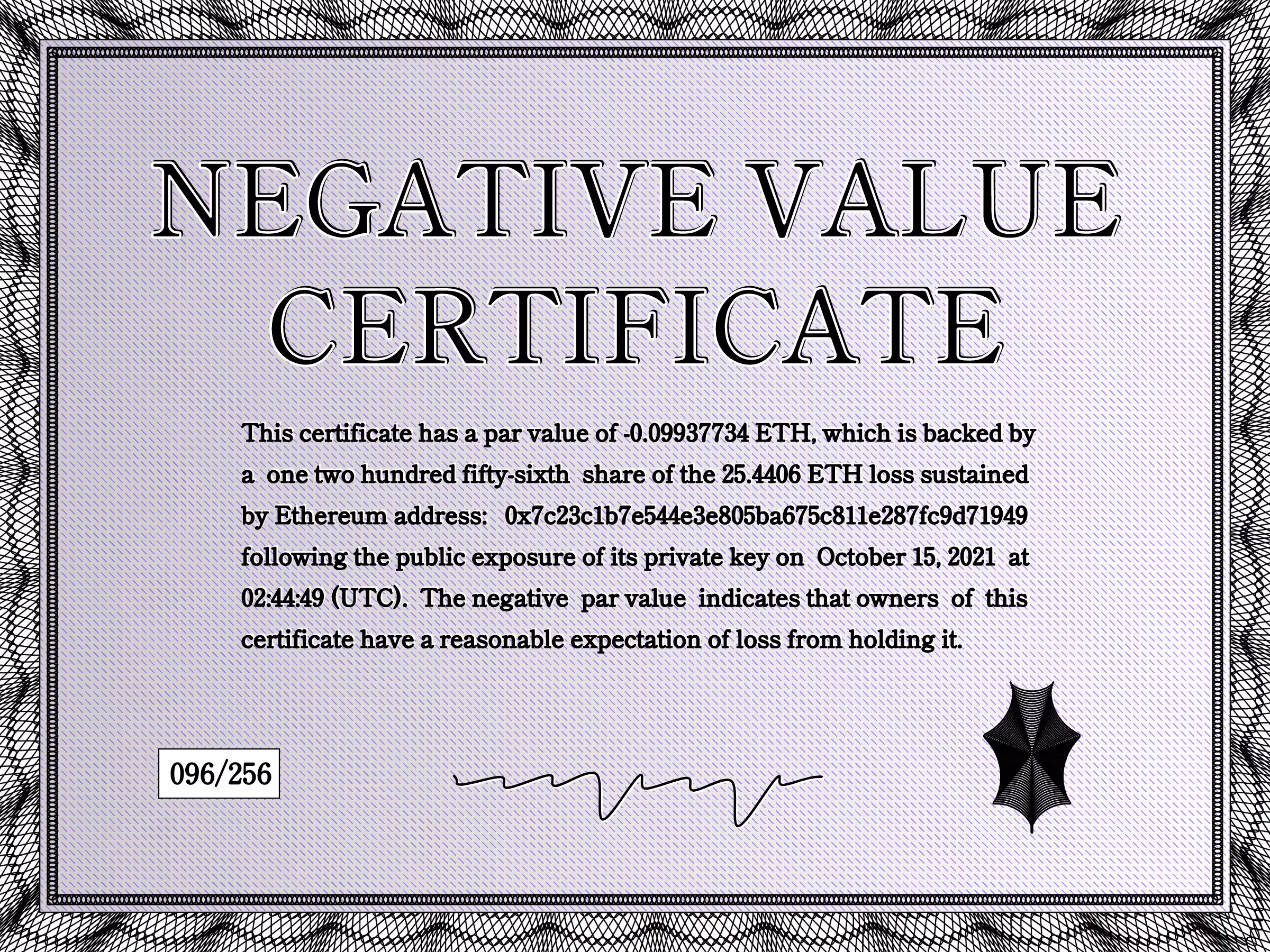 Negative Value Certificate #96 of 256