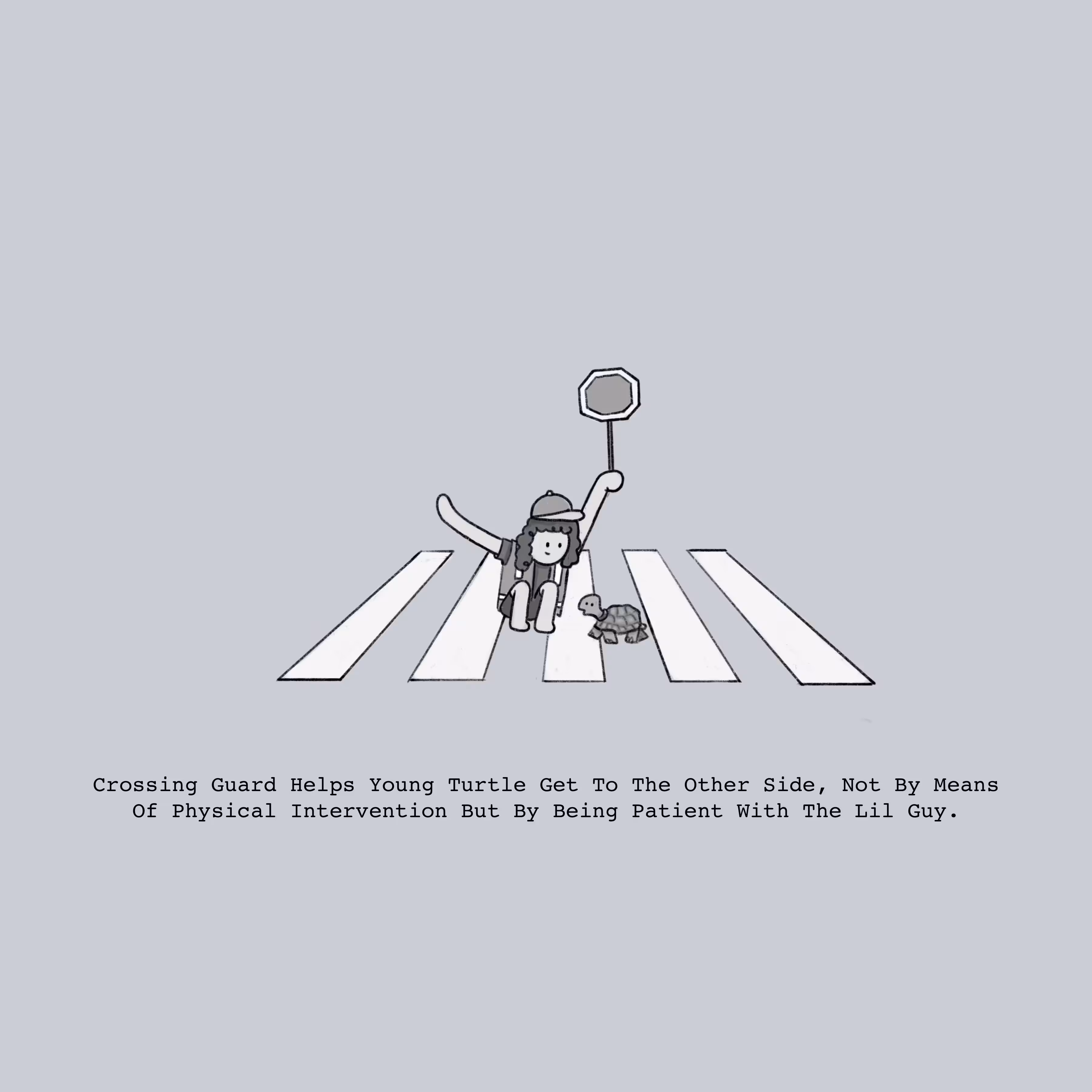 Crossing Guard Helps Young Turtle Get To The Other Side, Not By Means Of Physical Intervention But By Being Patient With The Lil Guy. 