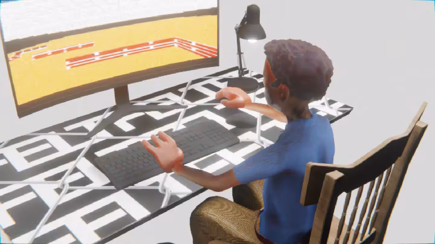 Desktop #45: The Developer in the French Wood Chair With a Desk Lamp and a Maze Monitor on a Barbed Wire Table in The Void
