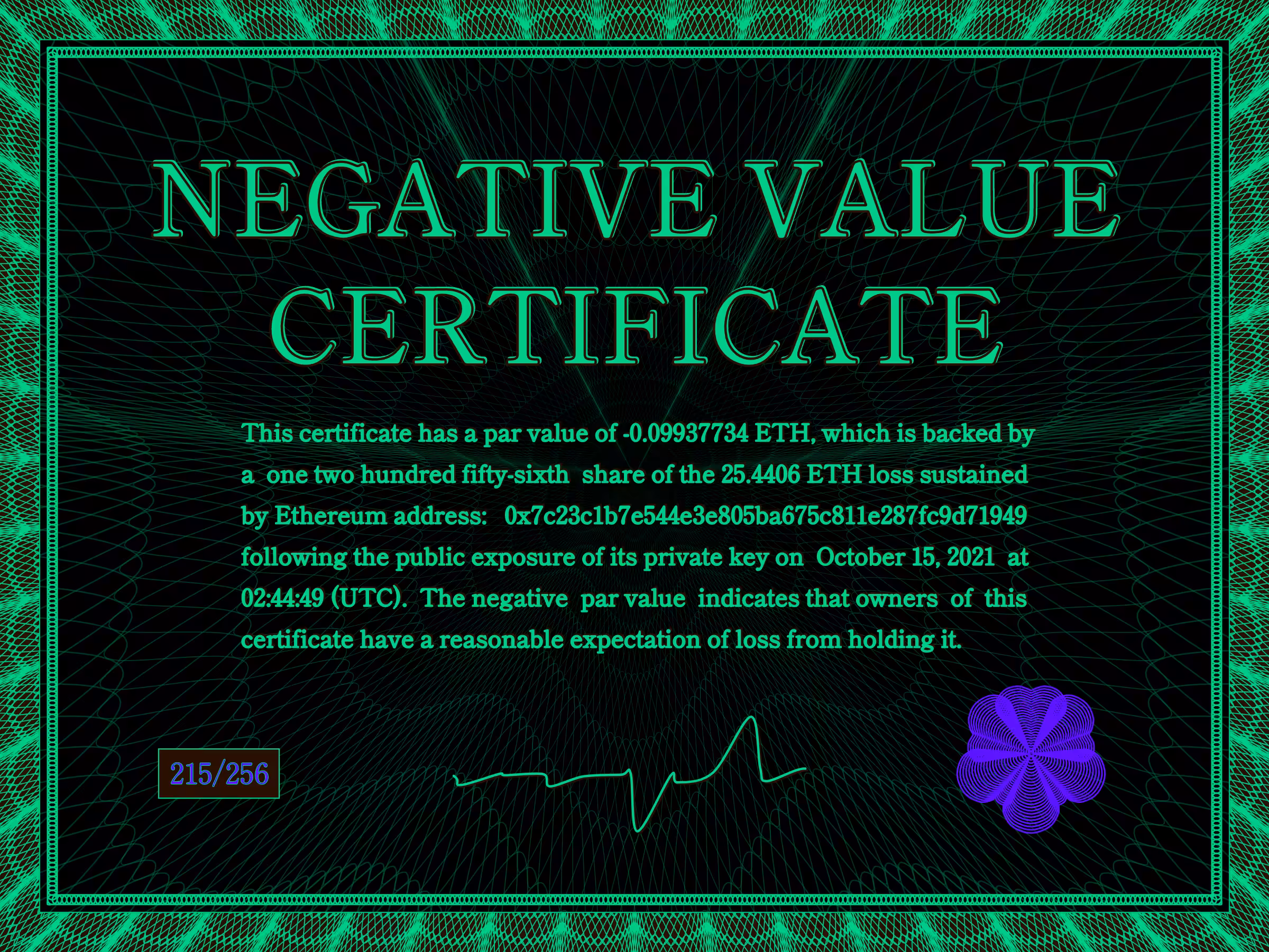 Negative Value Certificate #215 of 256