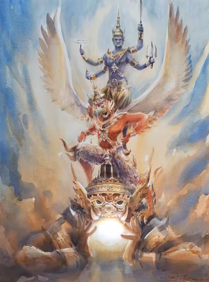 Vishnu on Garuda and Rahu