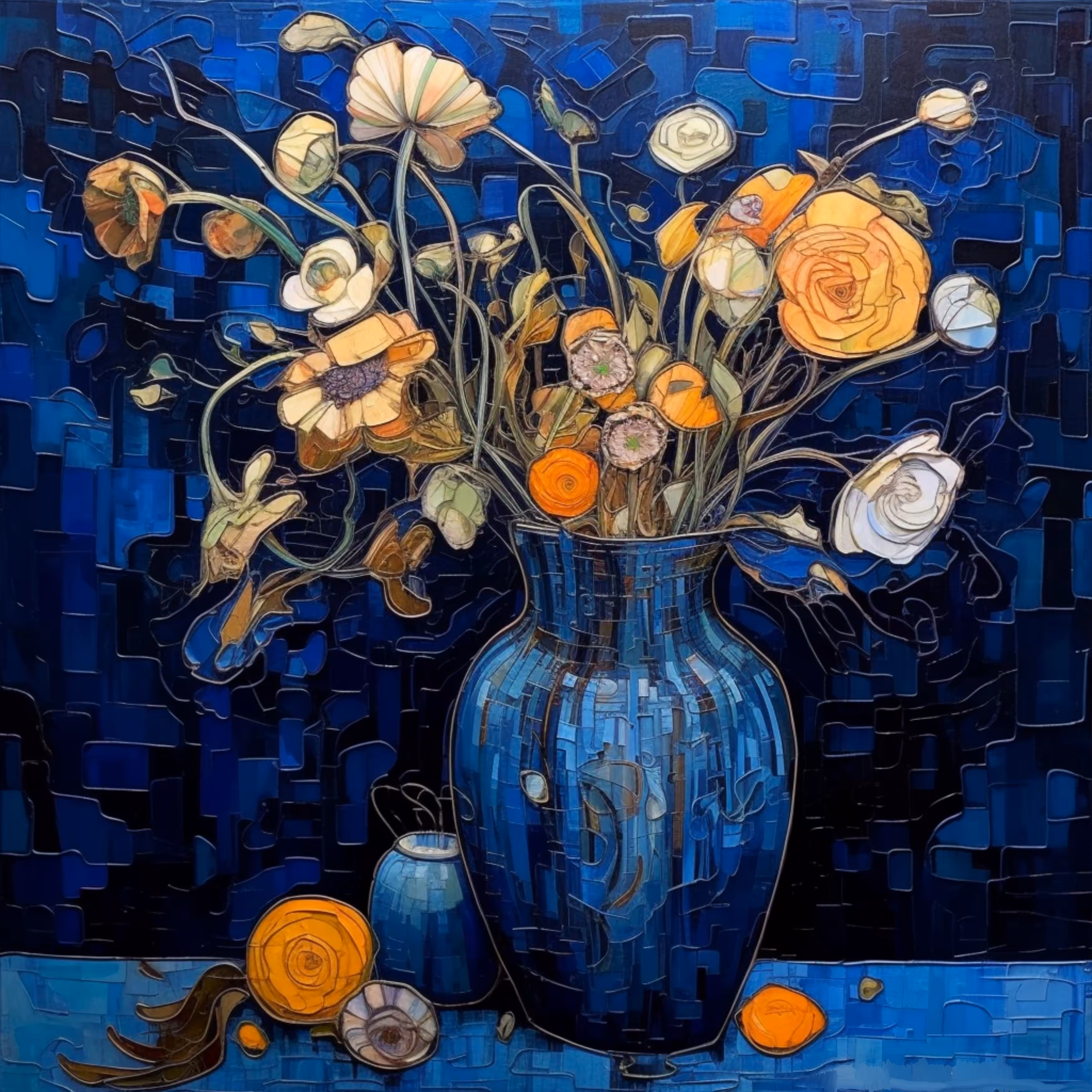 Indigo  vase. Pale flowers.