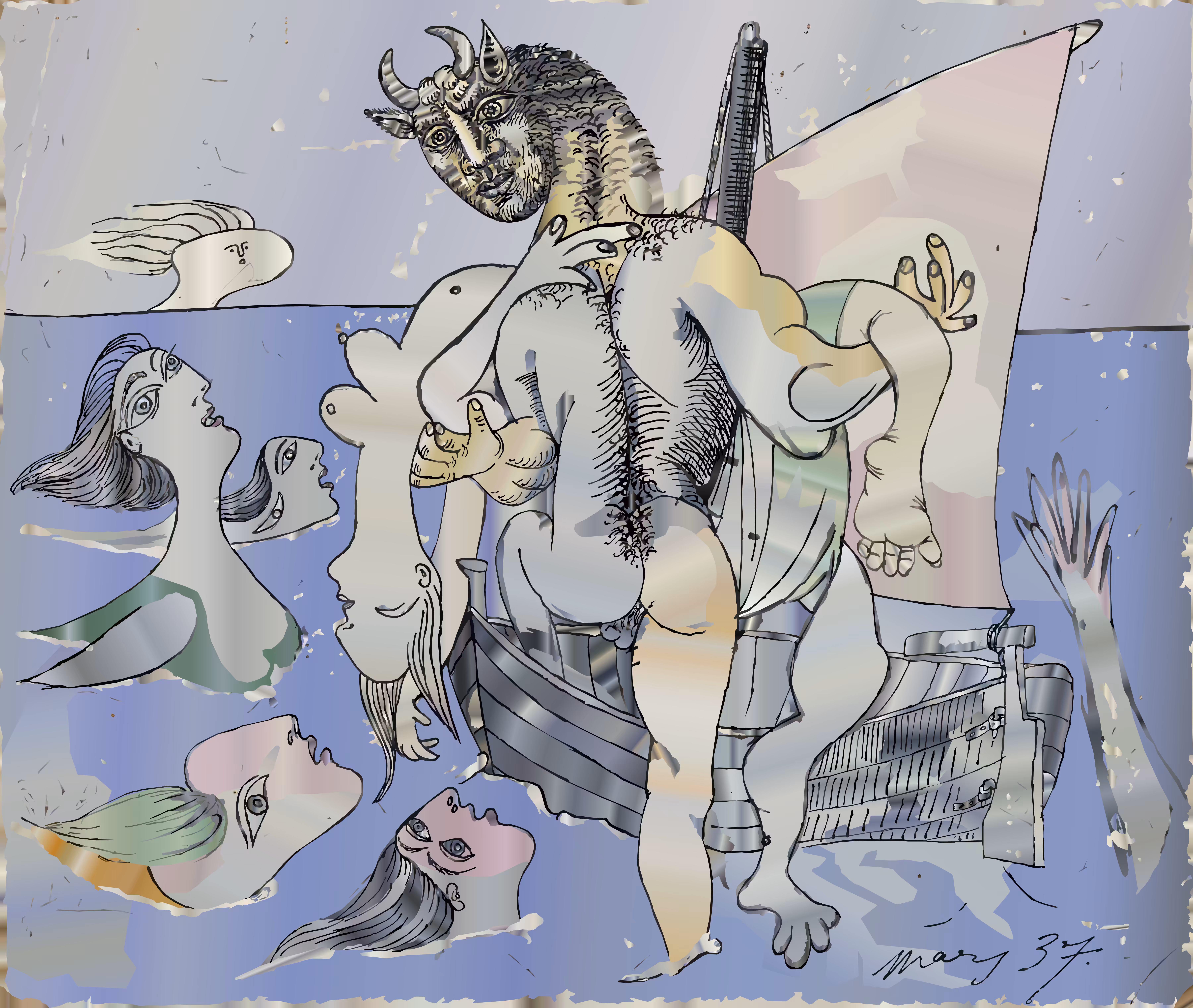 Baigneuses, sirènes, femme nue et minotaure