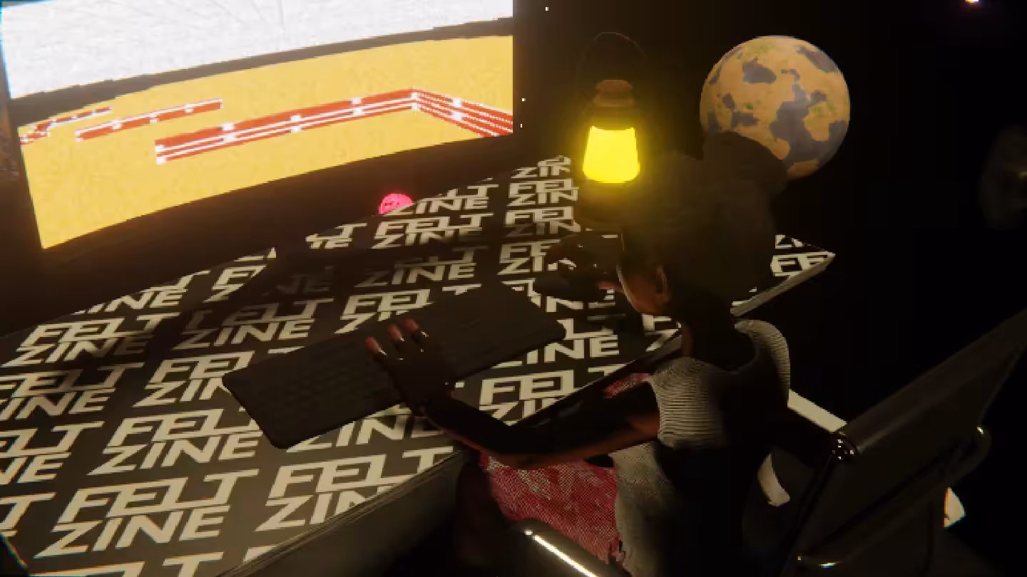 Desktop #4: The Military Brat in the Black Slim Chair With a Gas Lamp and a Maze Monitor on a Felt Zine Table in Space