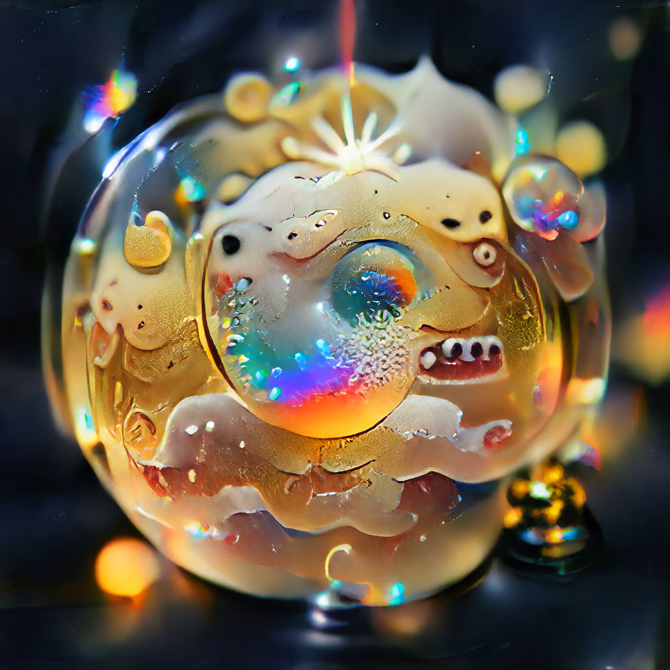 "Atomic Amoeba Snow Globe" - golden rainbow