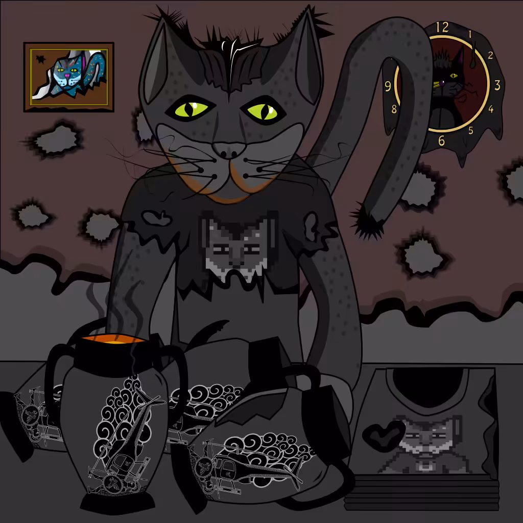 Burned merchandise store and its cat