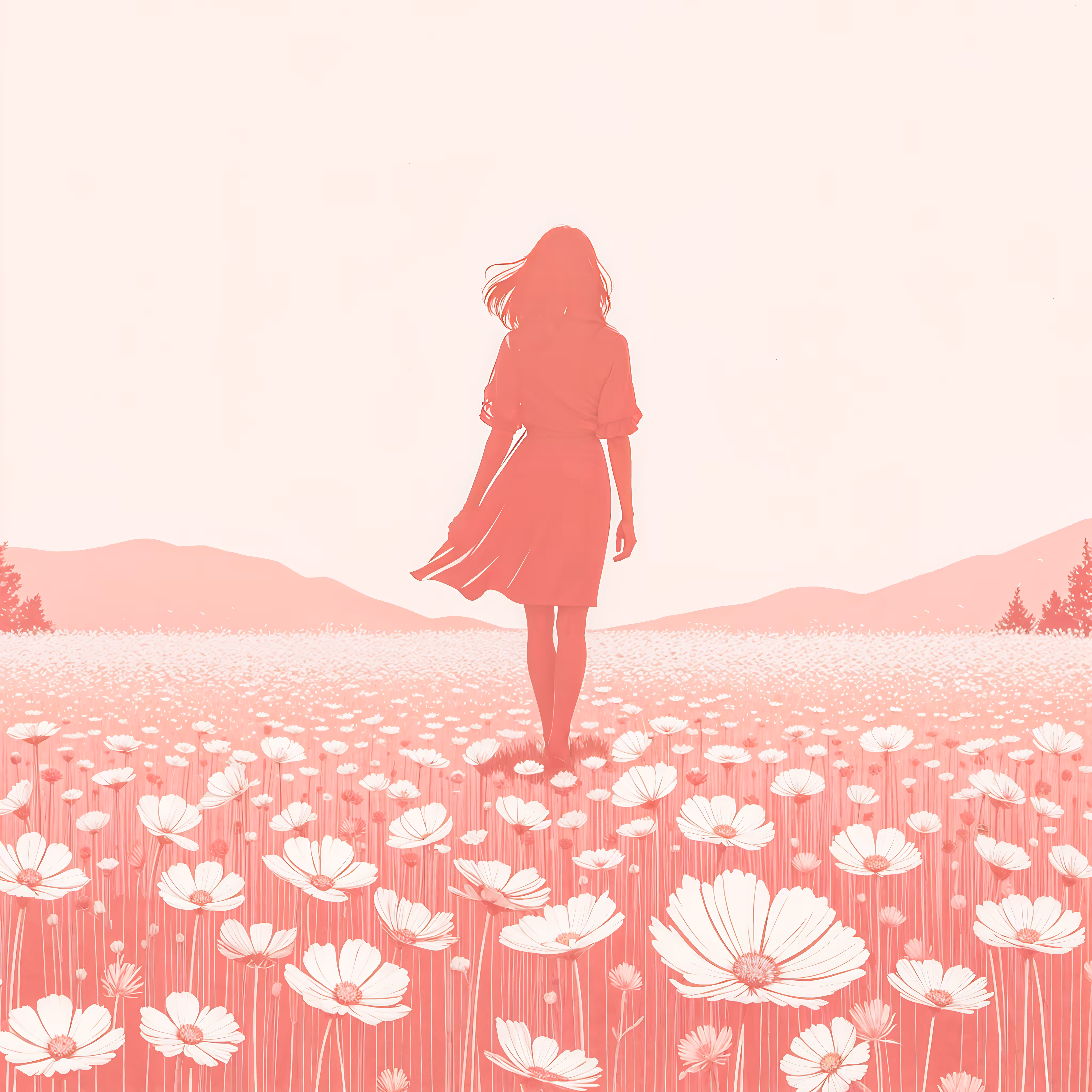 A Solitary Stroll in a Rosy Meadow