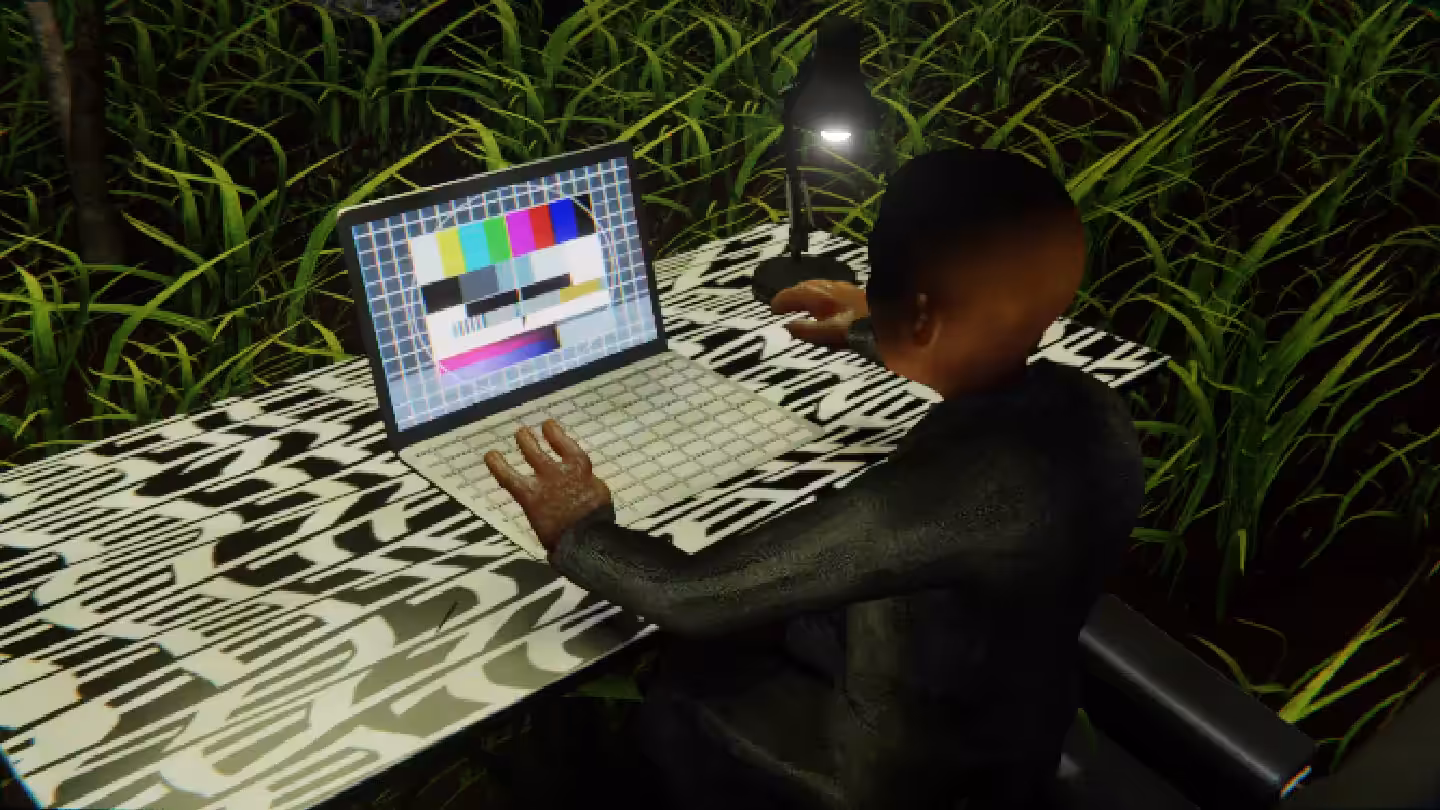 Desktop by Felt Zine: Desktop #23: The Business in the Eames Chair With a Desk Lamp and a Please Stand By Monitor on a Pattern Table in The Forest