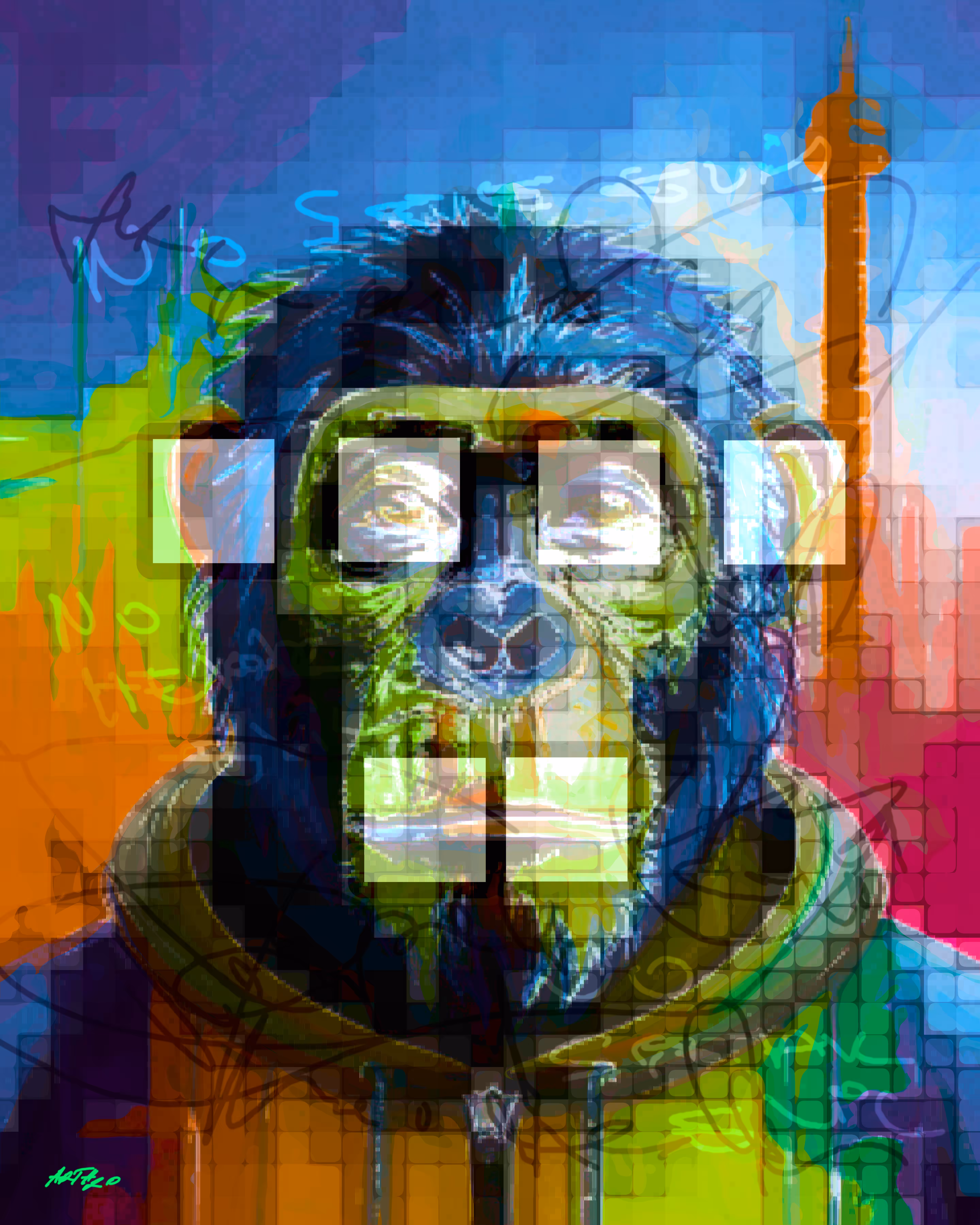 Big, Three Wise Monkeys, Ethical Insights in Abstract Expressionism 20x25inch 300dpi, printable unique digital Art