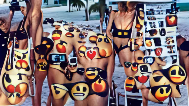 everybody is wearing emoji bikinis in Miami Beach these days by Helmut newton (pixray_genesis)