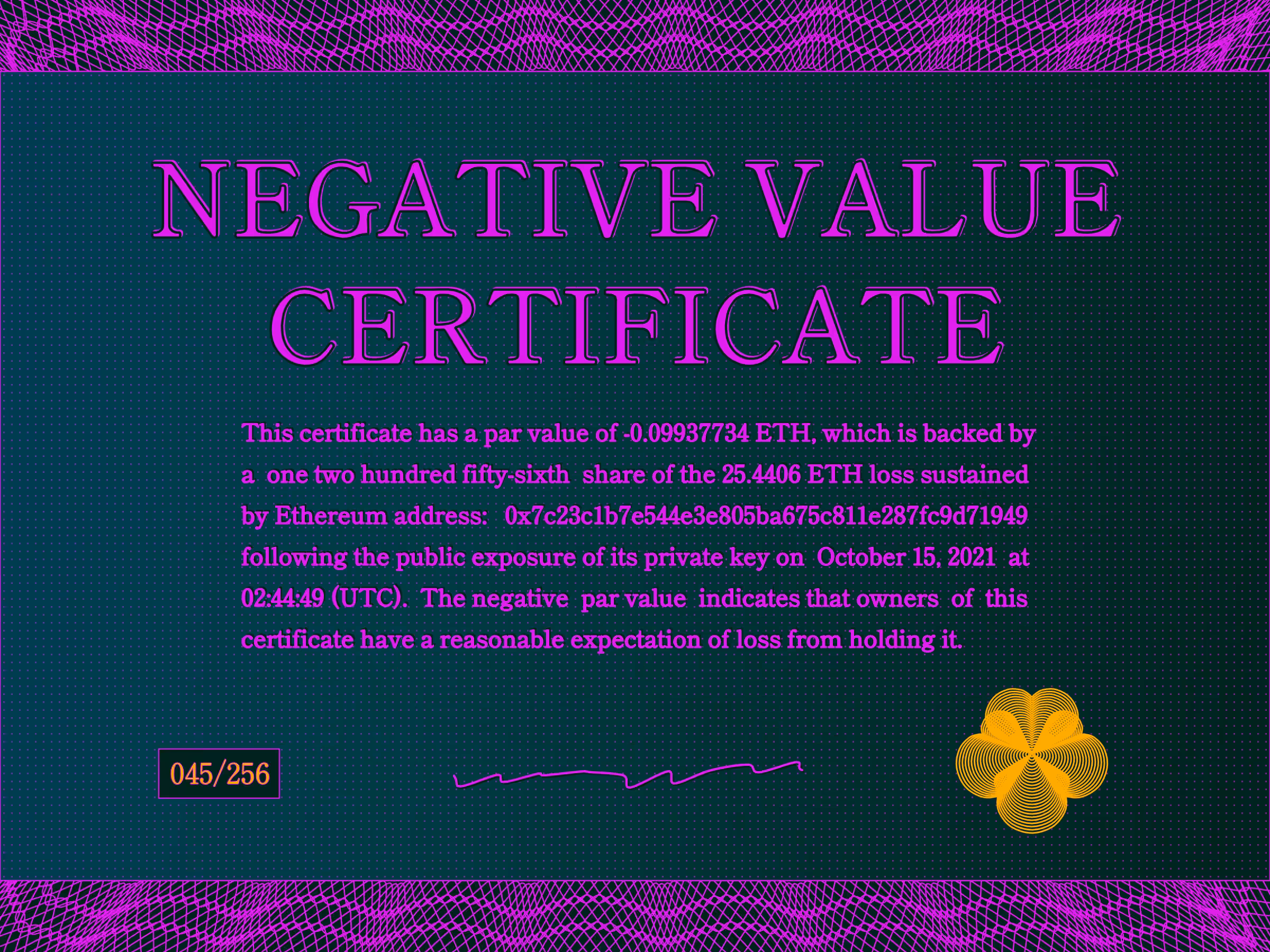 Negative Value Certificate #45 of 256
