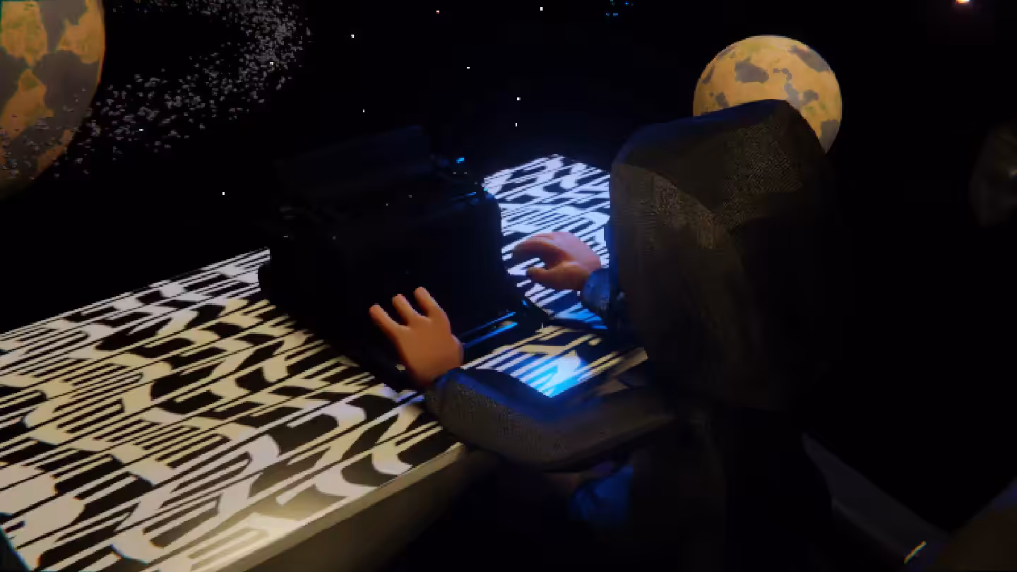 Desktop #253: The Hacker in the Eames Chair With a Drone and a Typewriter on a Pattern Table in Space