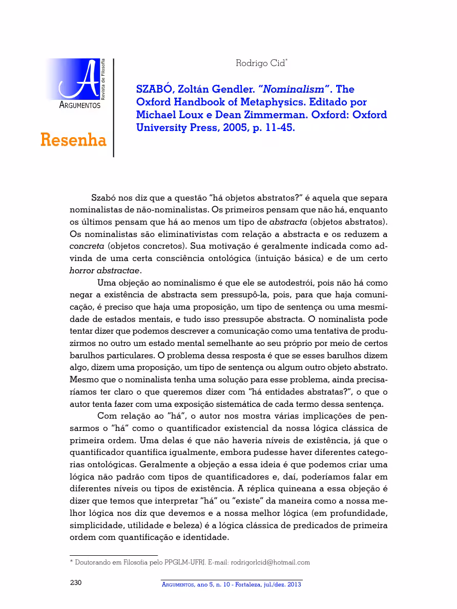 RODRIGOCID: Resenha - SZABÓ, Zoltán Gendler. “Nominalism” - Argumentos