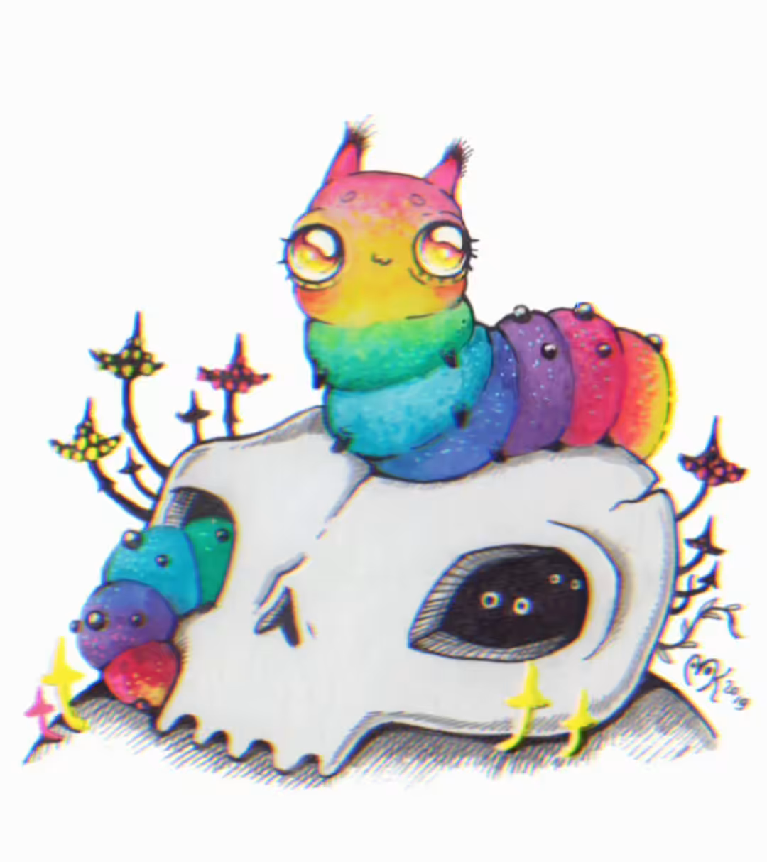 Rainbow caterpillar in the skull