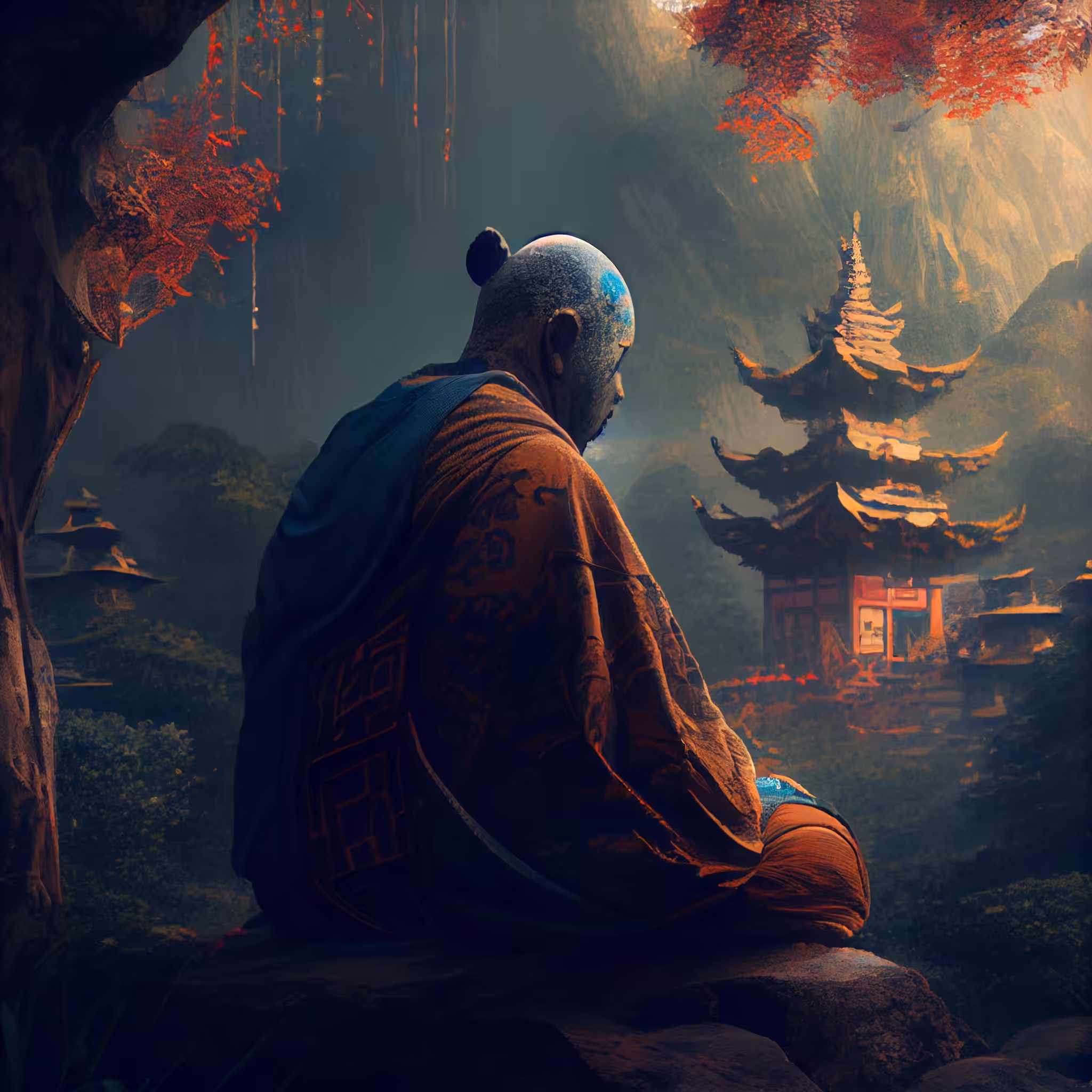  old monk meditating in the forest next to the temple