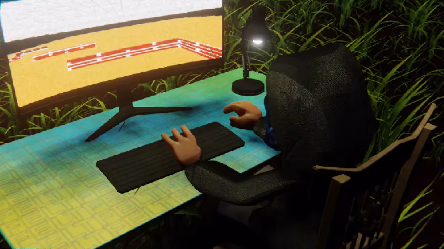 Desktop #232: The Hacker in the French Wood Chair With a Desk Lamp and a Maze Monitor on a Green FELT Zine Table in The Forest