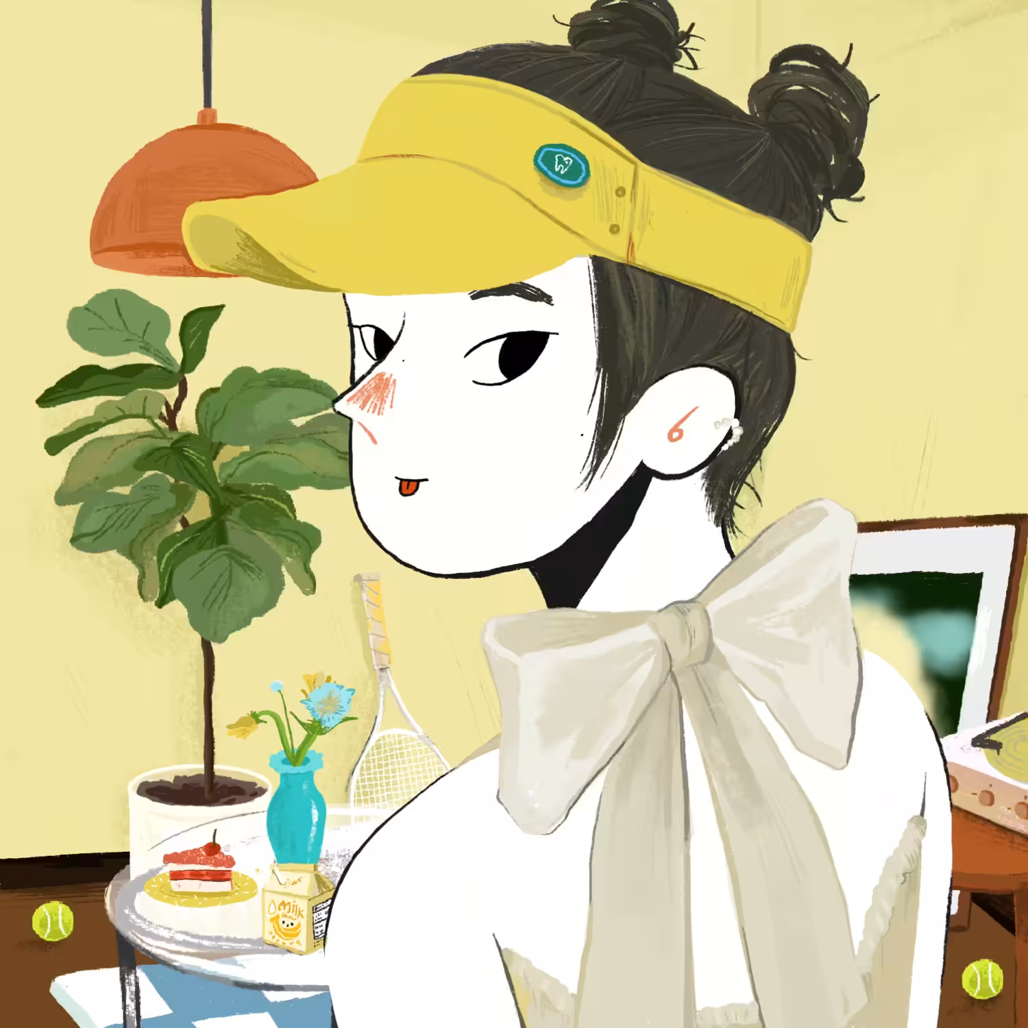 She is in the living room, Wearing her favorite visor - san