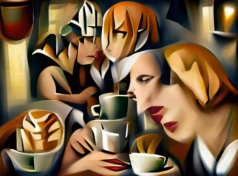 Abraham's First Works: Cafe scene in the style of Tamara de Lempicka