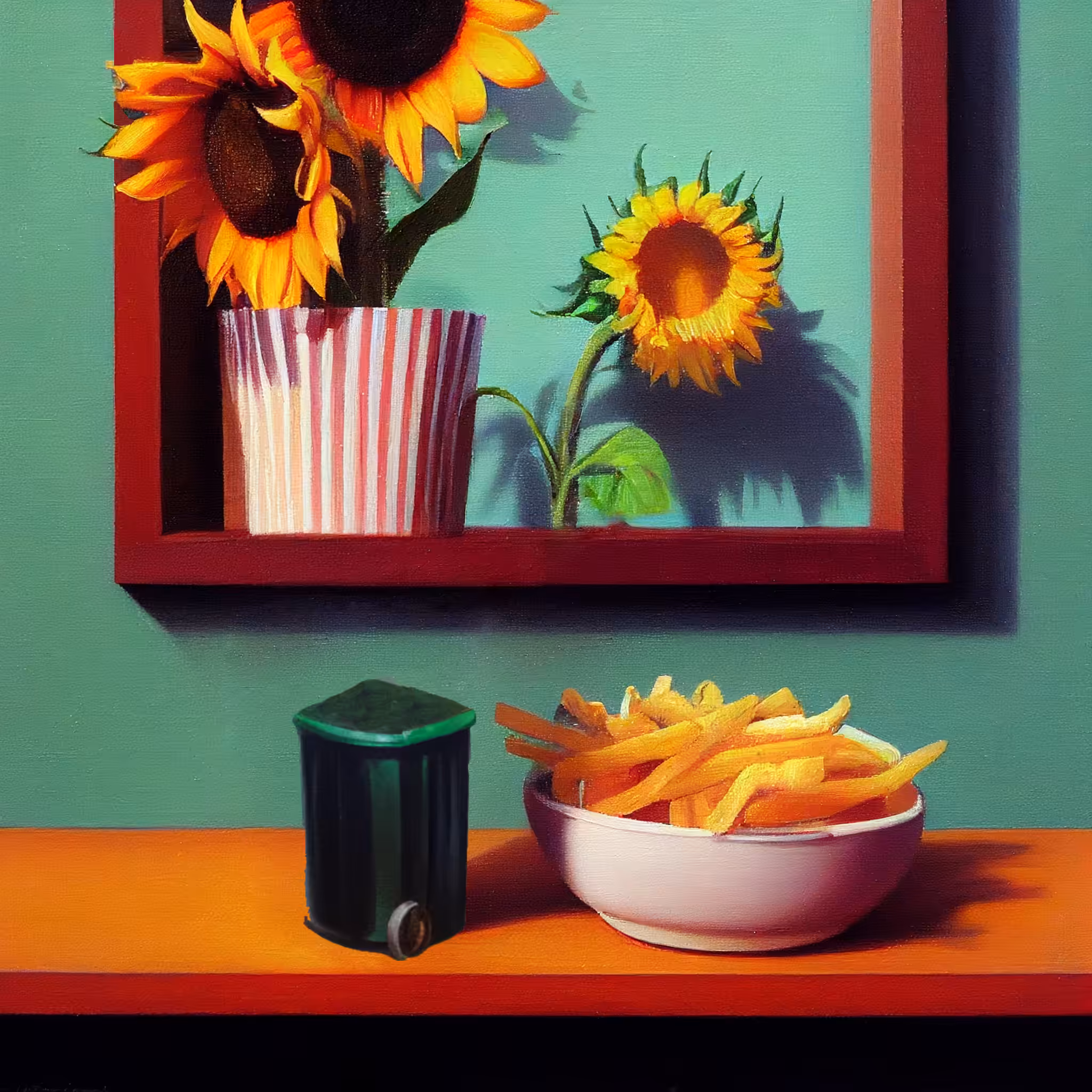 Still life of a bowl of french fries and a tiny toter on a wooden shelf.