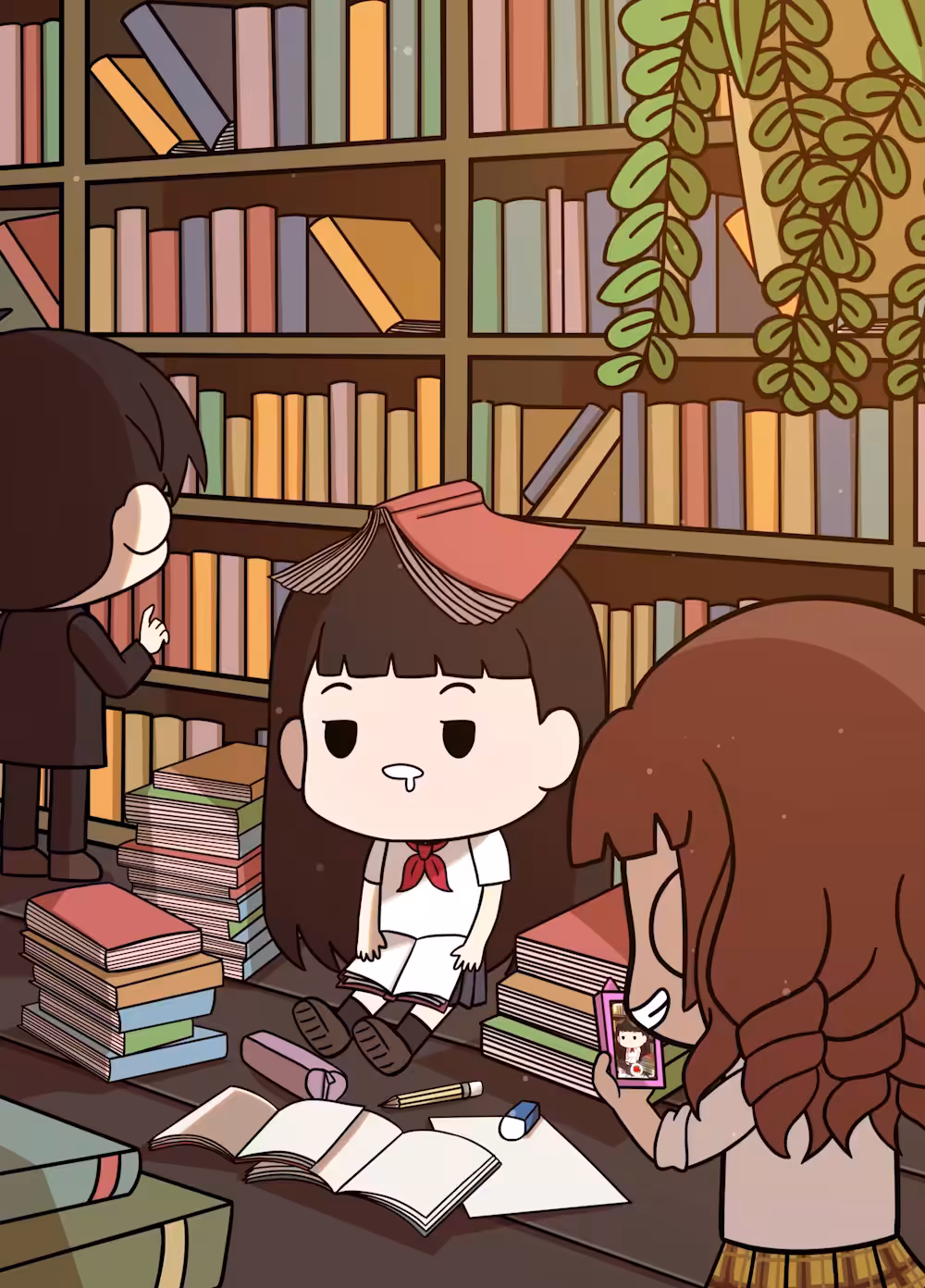 A sleepy girl in the library