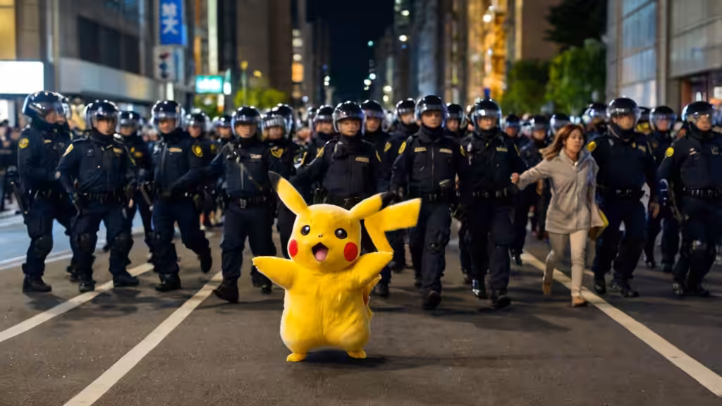 Artwork: Pikachu runs away from police