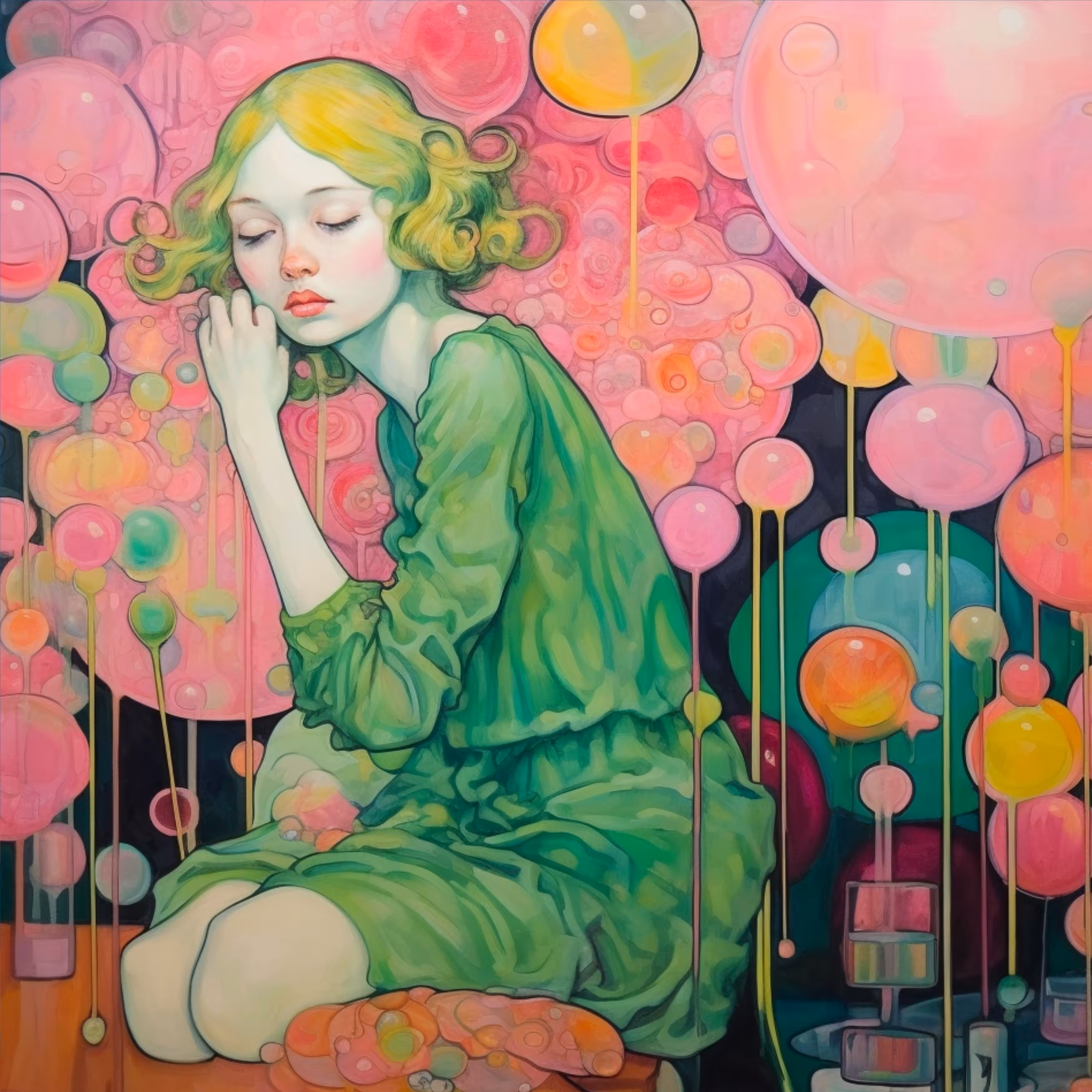 Green dress. Pink balloons