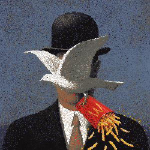 man in a bowler hat and french fries